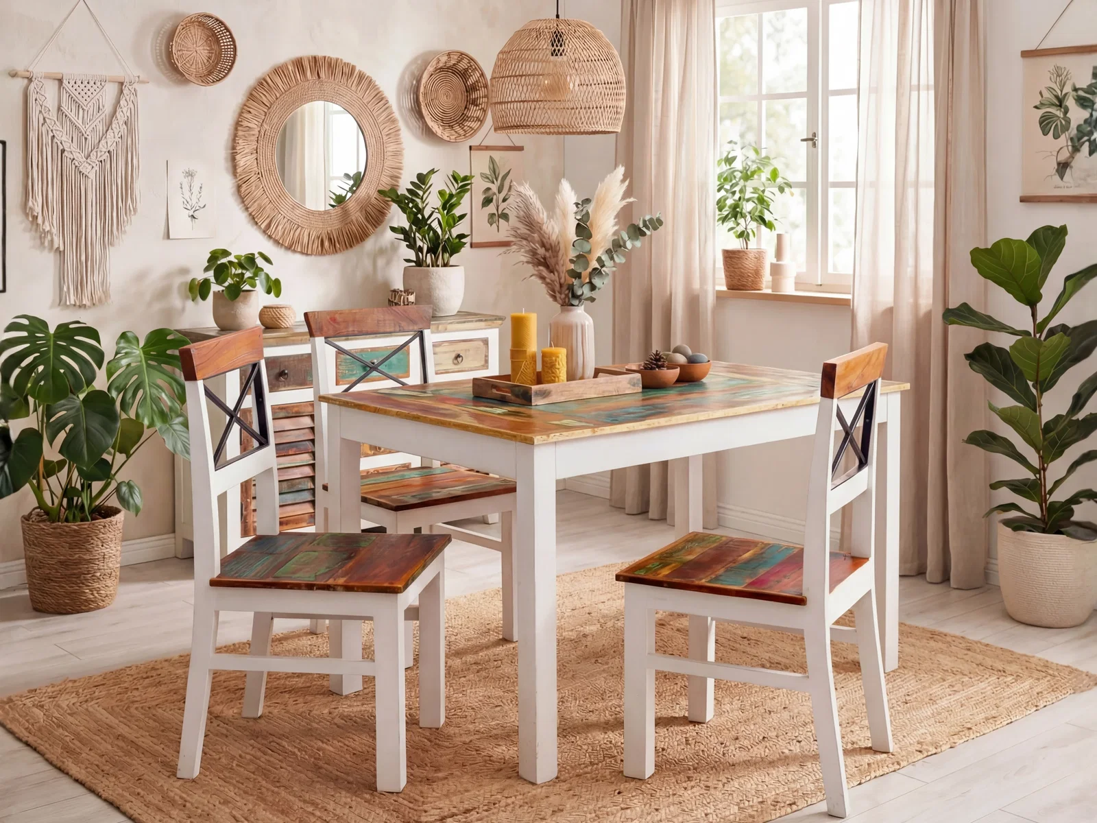 Helles Boho-Esszimmer mit Holztisch, weißen Stühlen, Rattanleuchte, Pflanzen und geflochtenen Wanddekorationen