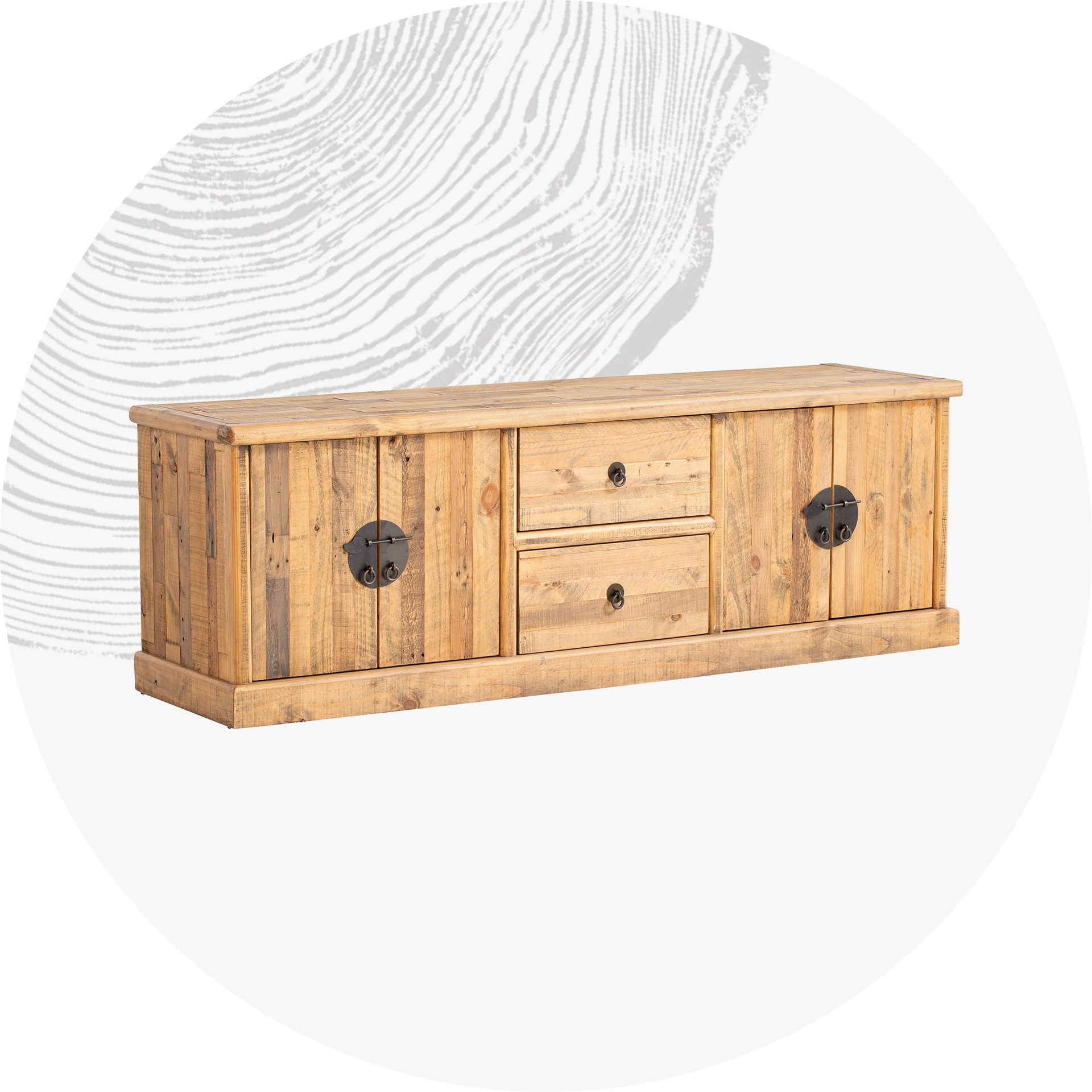 Modernes Holz-TV-Lowboard mit warmer Maserung, offenen Fächern und Schublade, minimalistisches Design, freigestellt