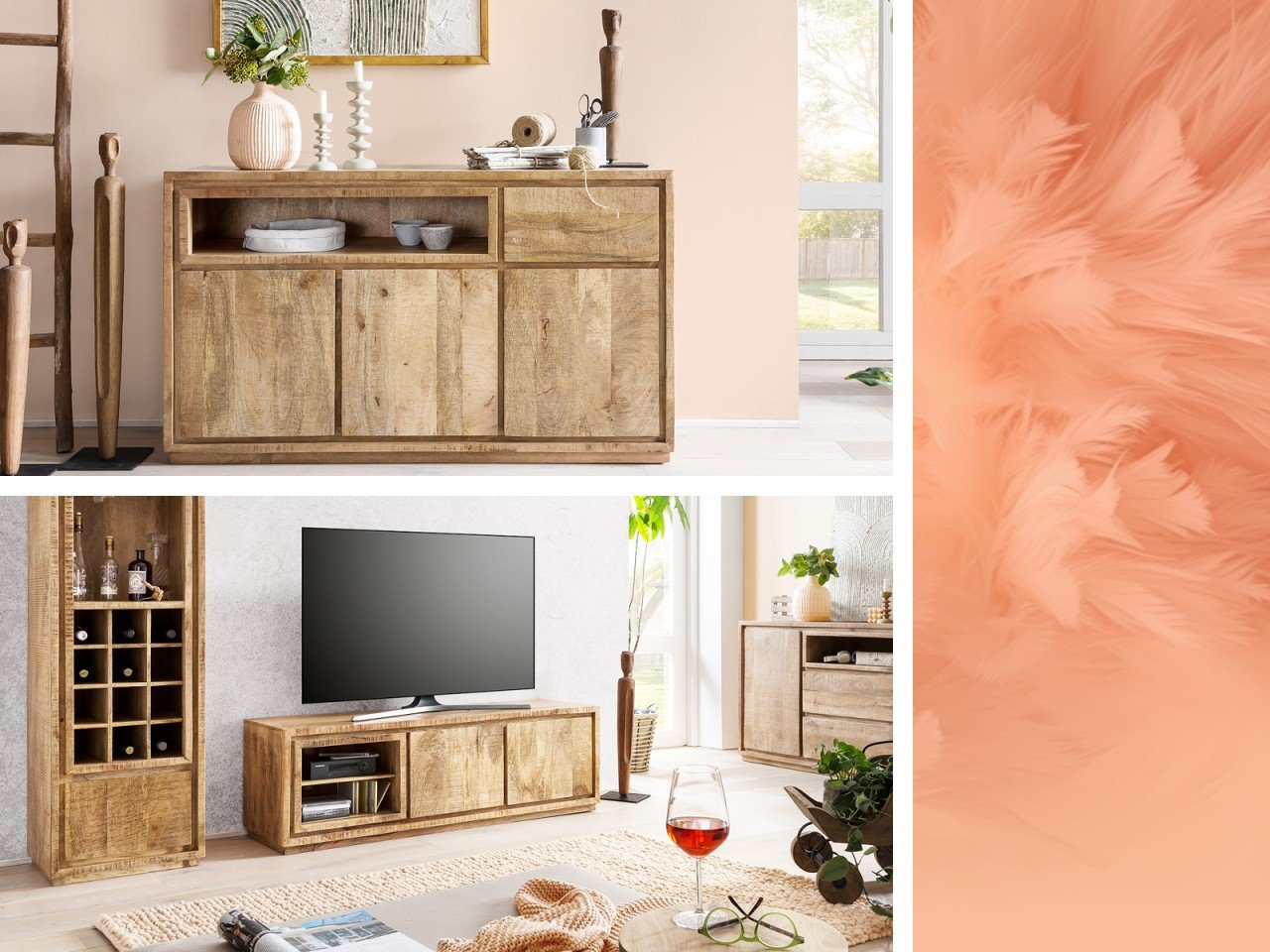 Modernes Badmöbel in Pfirsichrosa (Peach Fuzz) und Blackdale-Holz, minimalistischer Waschtisch für modernes Badezimmer