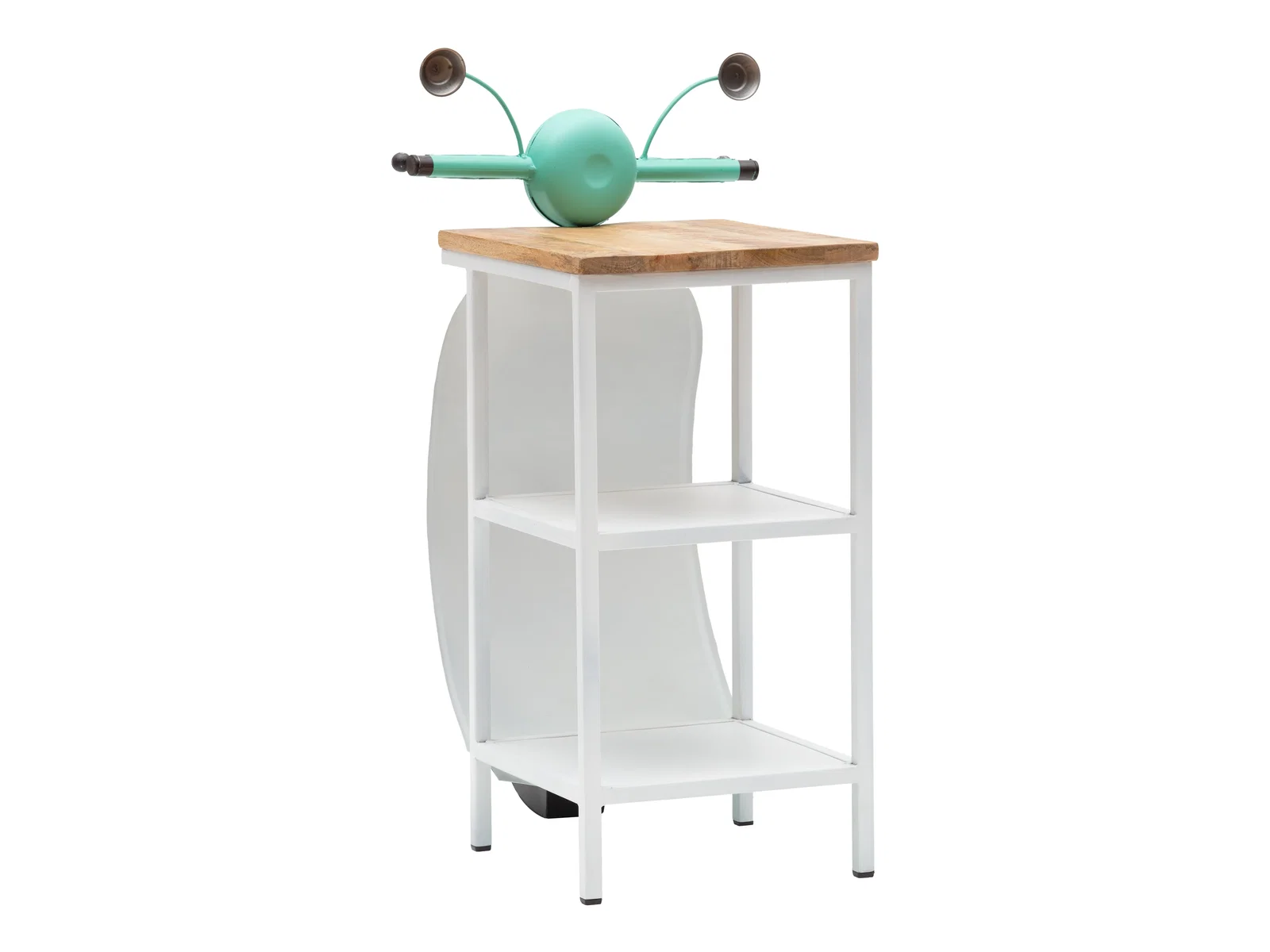 Konsolentisch Scooter Micro Mint als Freisteller in 45-Grad-Ansicht, mintgrün lackiertes Metall mit Holzplatte und weißem Gestell, 60x90x45 cm