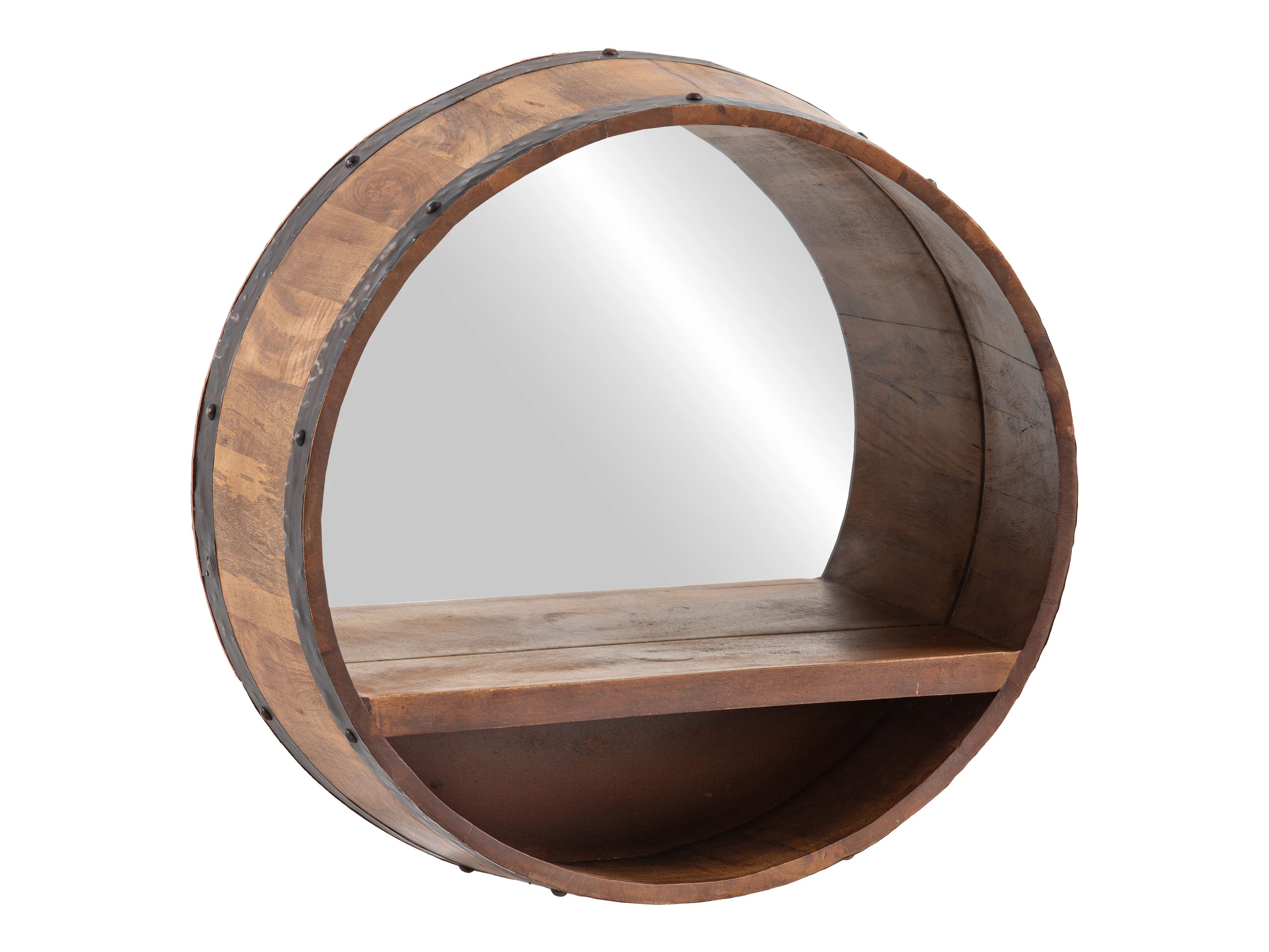 Freisteller Frontansicht: Runder Badspiegel „Barrel“ aus lackiertem Holz mit integrierter Ablage, Ø55×H55×T22 cm