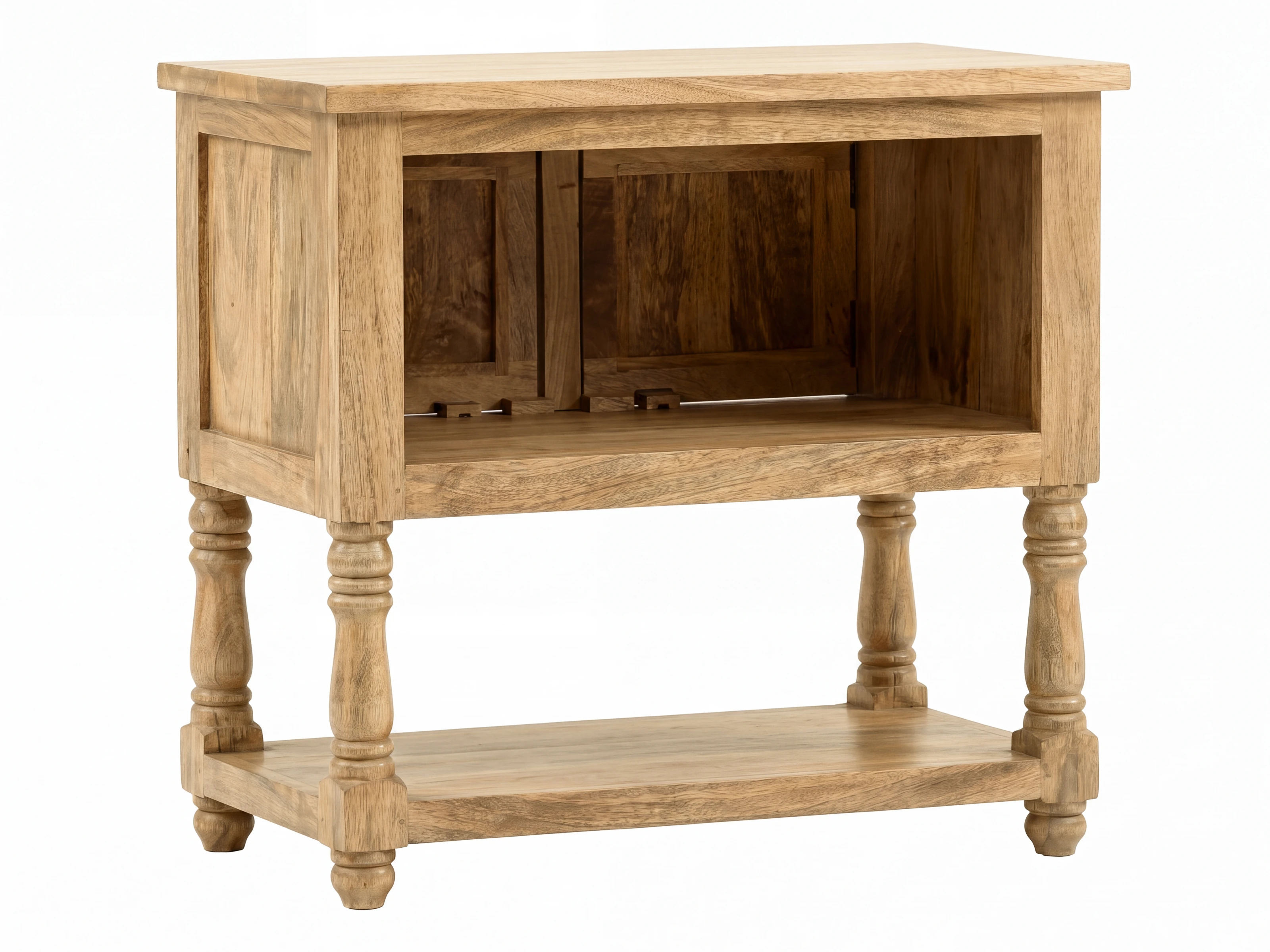 Waschtisch Santa Cruz natur aus Mango-Holz, Freisteller in Frontansicht geöffnet mit 2 Türen und offenem Fach, rustikales Design, 80 cm breit
