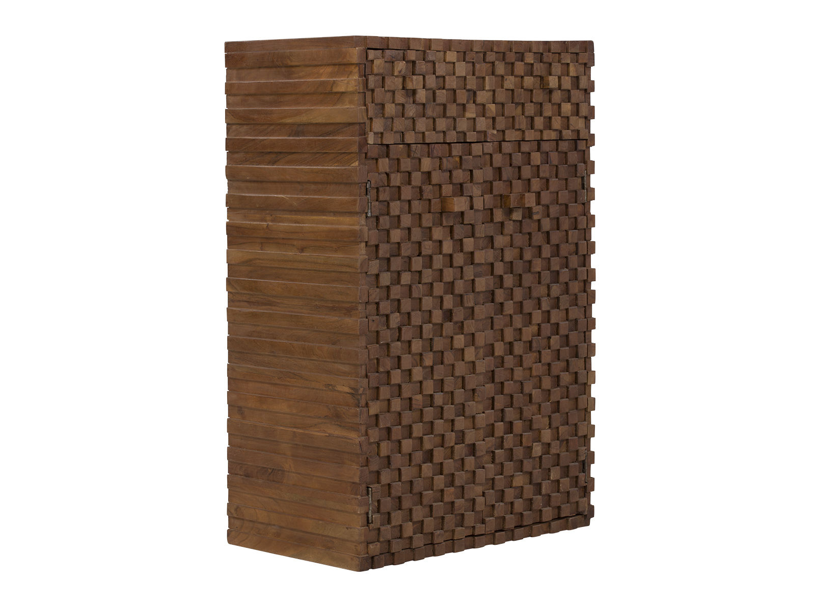 Hochkommode Abadi Freisteller 45°-Ansicht, lackierte Akazien-/Mangofront mit Würfelmuster, 2 Türen, 1 Schublade, 75×114×46 cm
