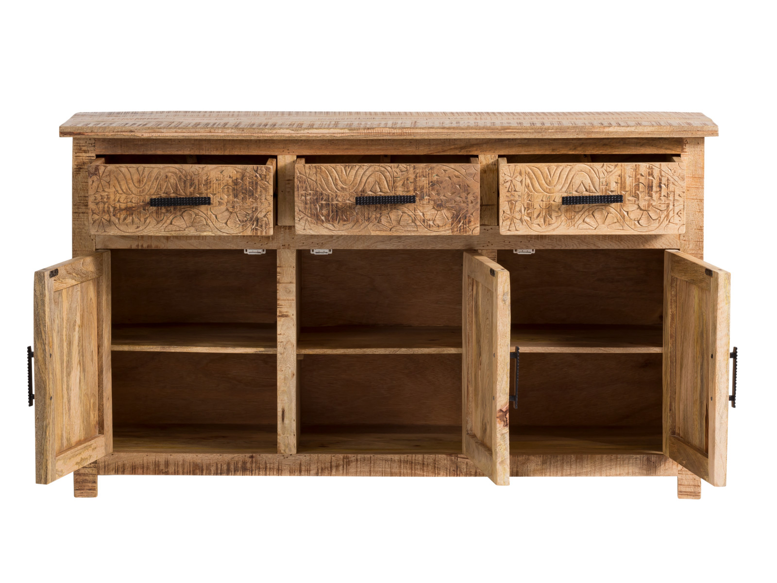 Sideboard Mumbai Holz - Mango 140x80x42 Frontansicht geöffnet