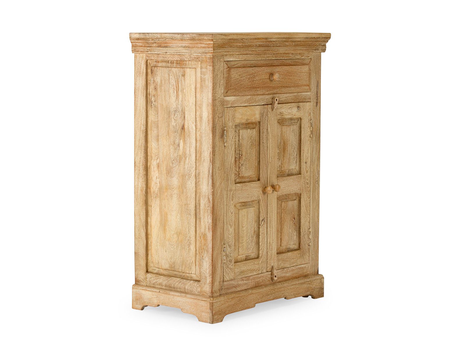 Freisteller Flurmöbel-Set Patina 3-teilig aus lackiertem Mangoholz (Natur), 45°-Ansicht mit Schublade und Doppeltür.