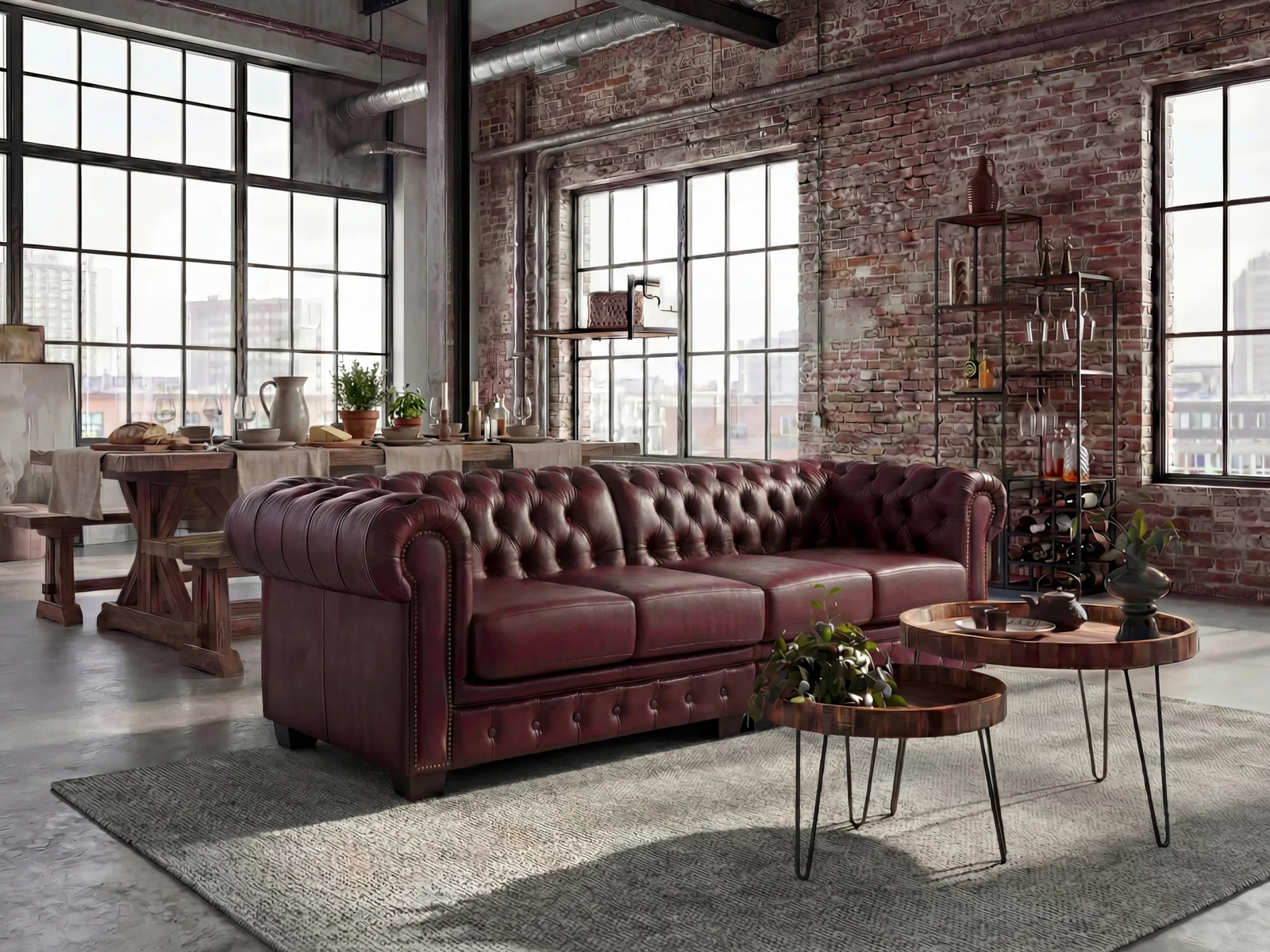 Sofa Chesterfield 4-Sitzer Echtleder antik rot