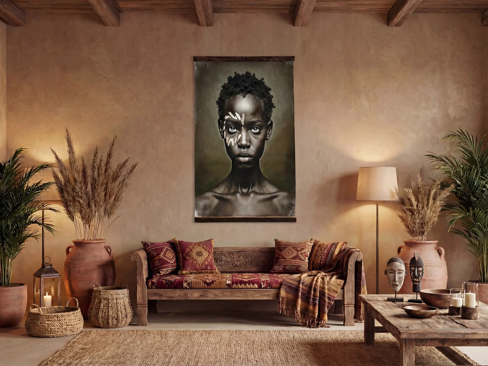 Boho-Wohnzimmer mit gemustertem Sofa, Naturmaterialien, Keramikvasen und großem Porträtbild in warmen Erdtönen