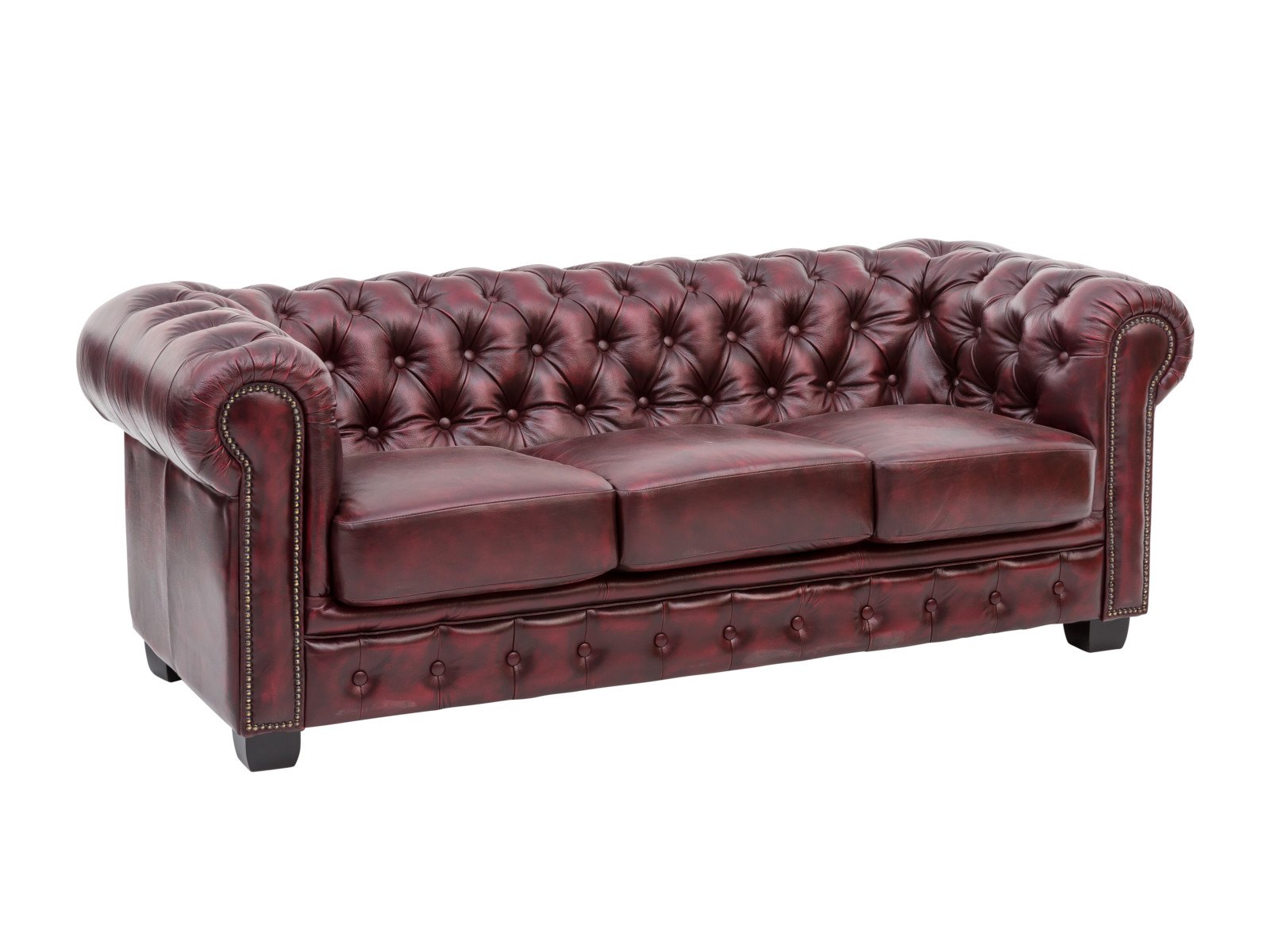 Sofa Chesterfield 3-Sitzer Echtleder rot 200x72x90 Schrägansicht