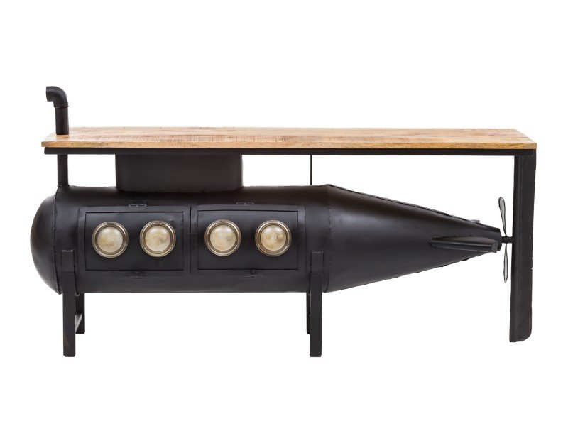 Moderner Waschtisch 'Submarine' aus Holz mit weißem Aufsatzbecken, schlanker Armatur und minimalistischem Badezimmer-Ambiente