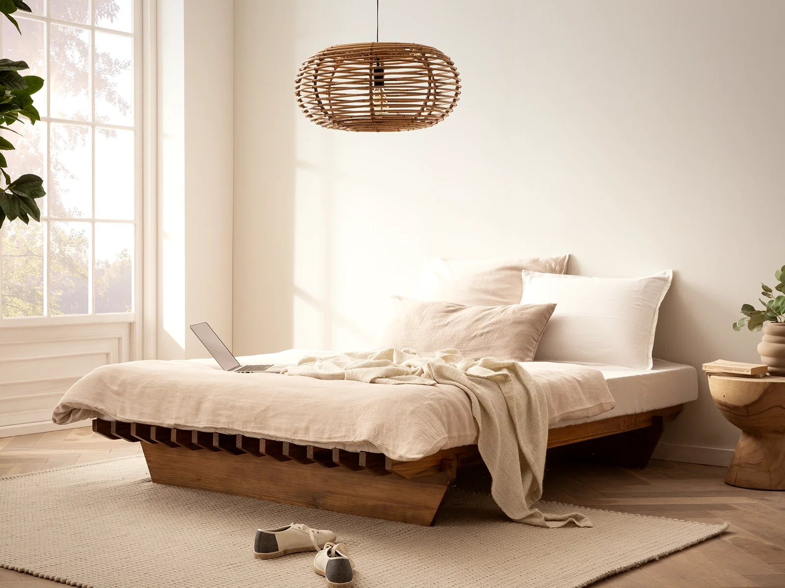 Bodennahes Bettgestell aus Massivholz mit breiter Liegefläche, natürlichen Textilien und warmer Rattanleuchte.