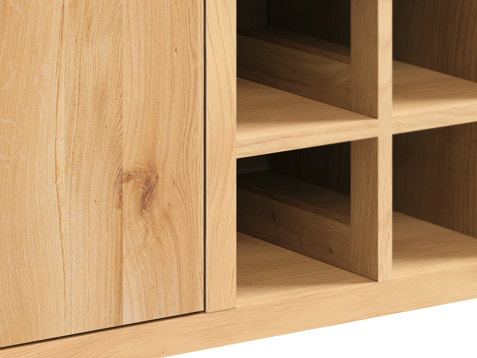 Detailbild: geölte Wildeiche-Oberfläche und offenes Fach am Sideboard Sydney 160 cm – natürliche Holzmaserung im Fokus.