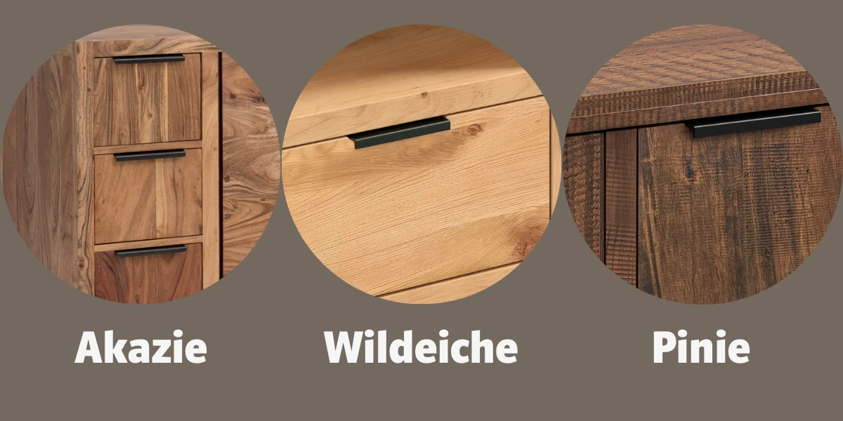 Detailaufnahme verschiedener Sydney-Holzarten mit sichtbarer Holzstruktur und Farbvarianten — warme Braun- und Beigetöne für Möbel