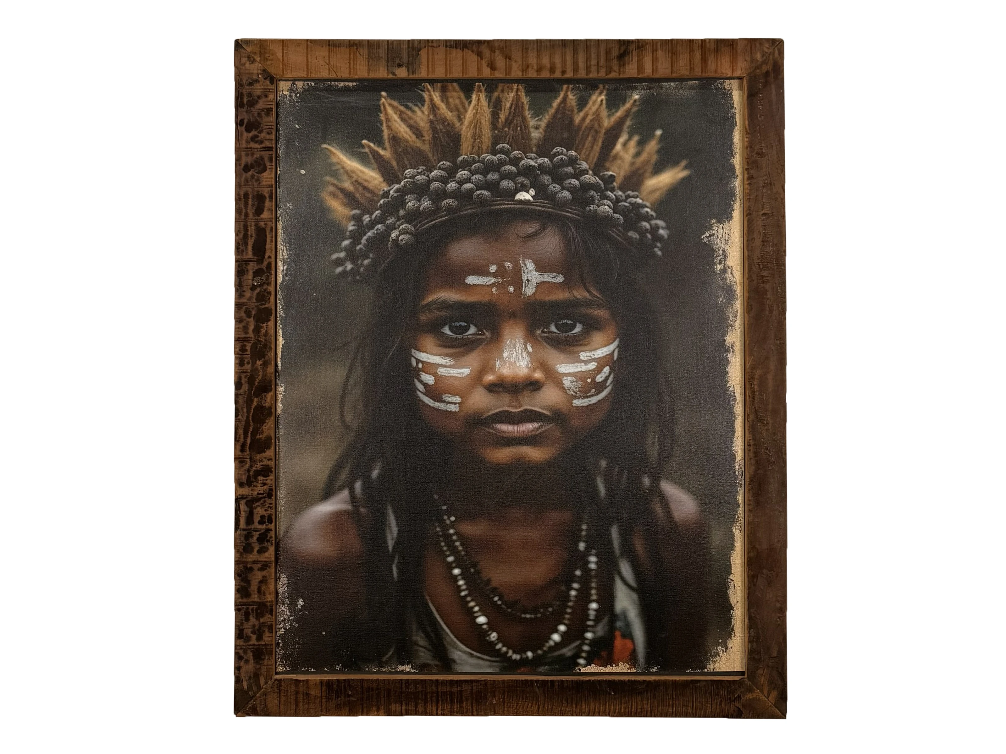 Frontansicht Canvas-Wandbild Spirit of Earth 70×90 cm, Holz-Altholz-Rahmen, Porträt eines Kindes mit weißer Gesichtsbemalung