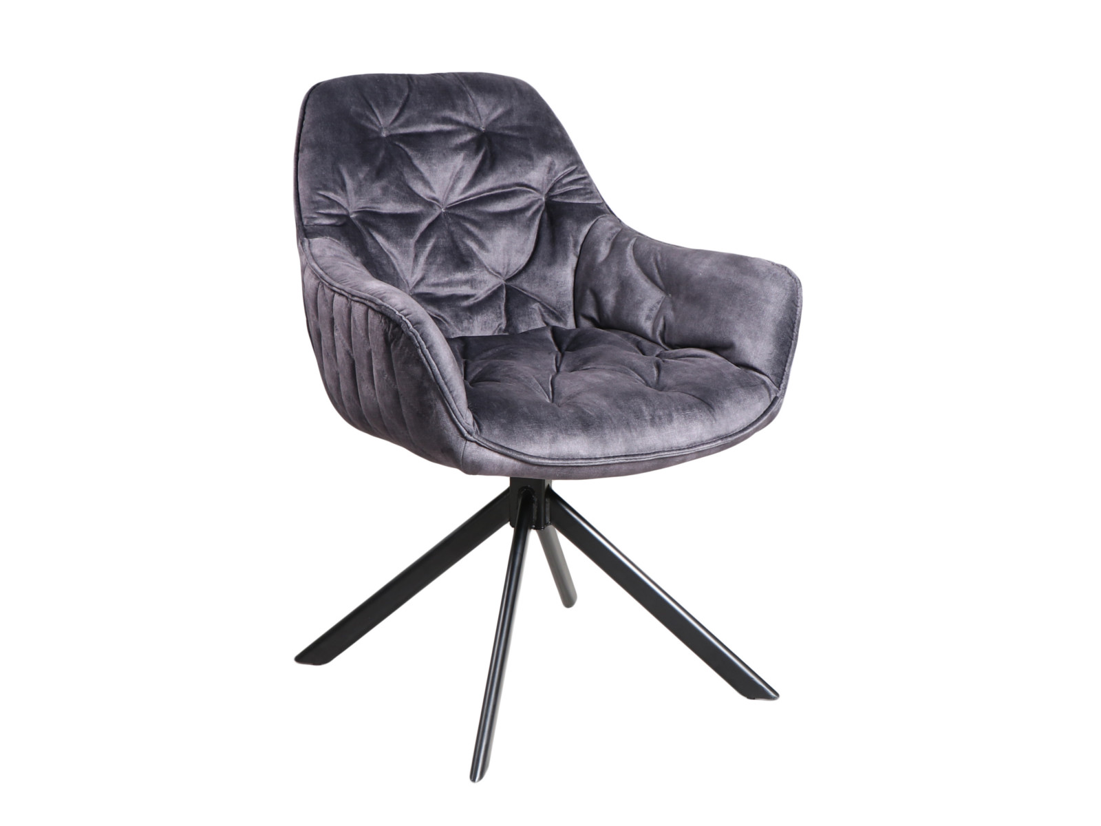 Esszimmerstuhl Carlton grau – 45°-Freisteller eines Drehstuhls mit grauem 100 % Polyesterbezug und schwarzem Metallsternfuß