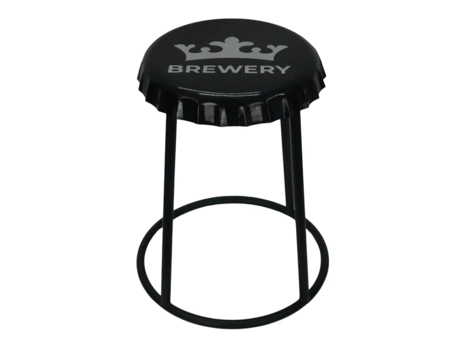 Hocker Cappy Metallhocker schwarz, lackiert, 45° Freisteller-Ansicht – Barhocker 40×50×40 cm mit Flaschenverschluss-Sitz