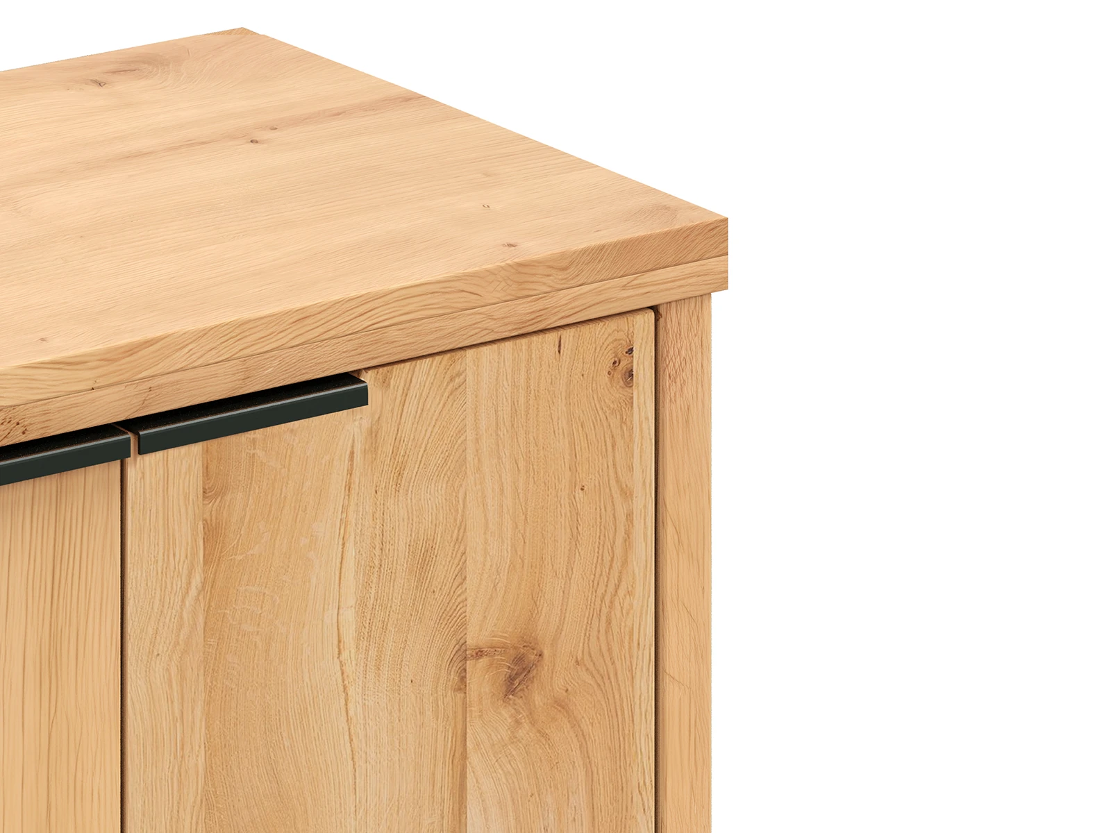 Freisteller: Sideboard Sydney in 45°-Ansicht, aus geölter Wildeiche, 4 Türen, 2 Schubladen, sichtbare Holzmaserung.