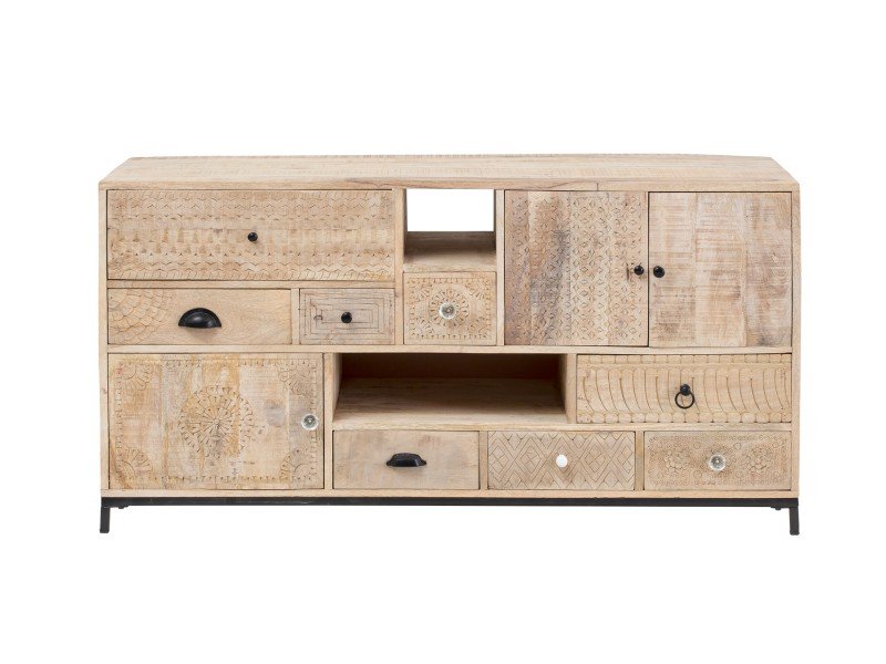 Waschtisch "Laos" aus massivem Holz mit Aufsatzbecken und schwarzen Metallakzenten, warmes Holzfinish in reduziertem Bad-Ambiente