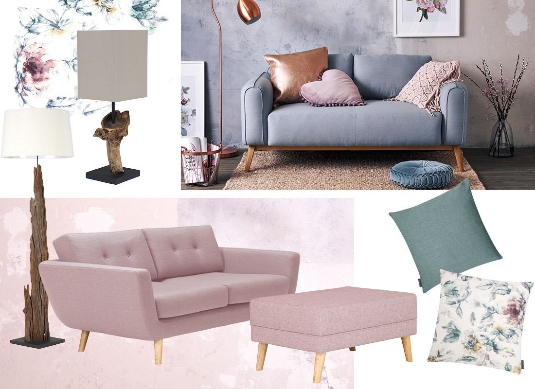 Romantisches Landhaus-Wohnzimmer mit hellen Vintage-Möbeln, Pastelltextilien, Blumenarrangements und rustikalen Holzdetails.