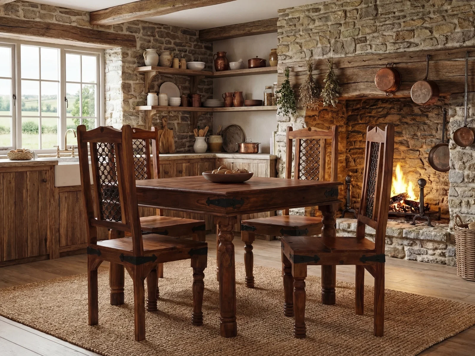 Essgruppe Merlow Akazie 80x80 mit 4 Stühlen Landhaus