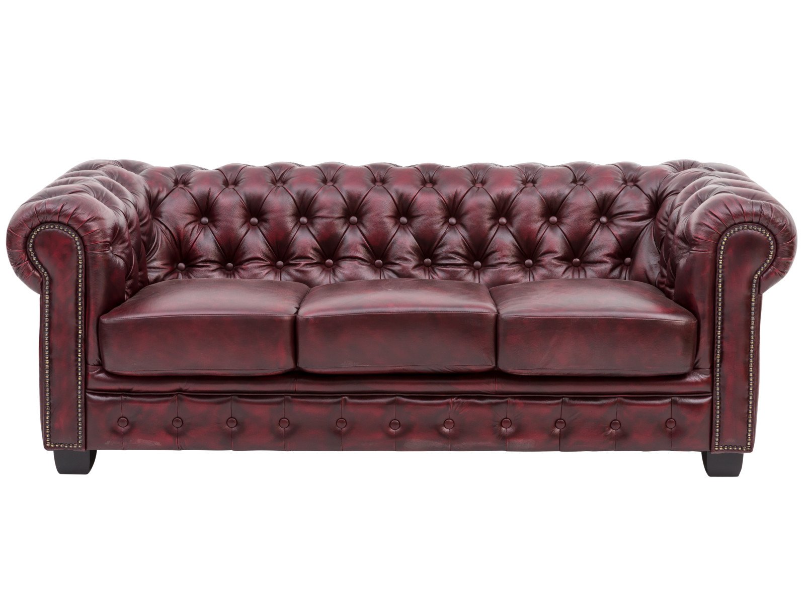 Sofa Chesterfield 3-Sitzer Echtleder rot 200x72x90 Frontansicht