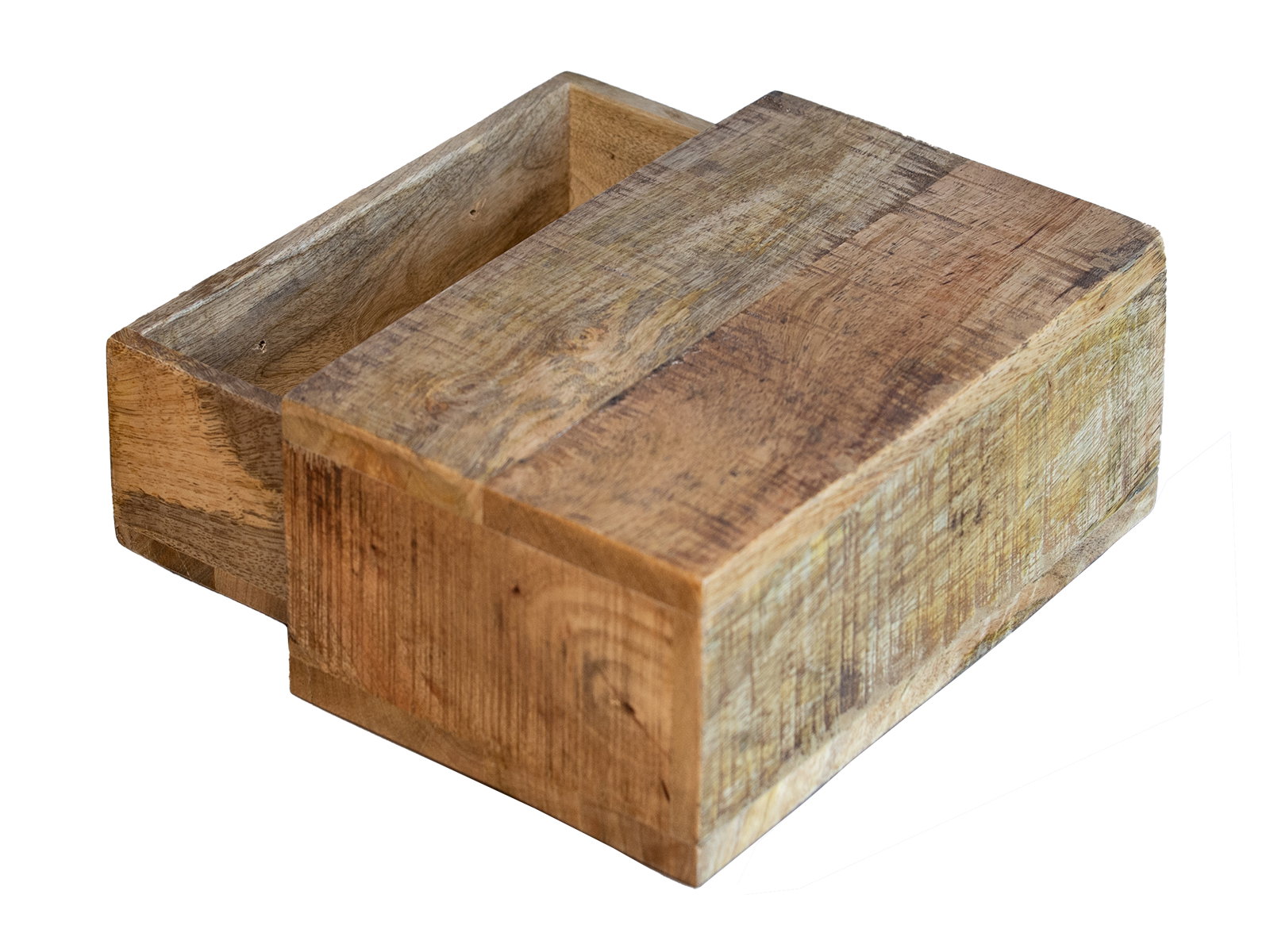 Freisteller, 45°-Ansicht, geöffnetes Wandboard-Geheimfach aus lackiertem Mangoholz (braun, 35×11×22 cm)