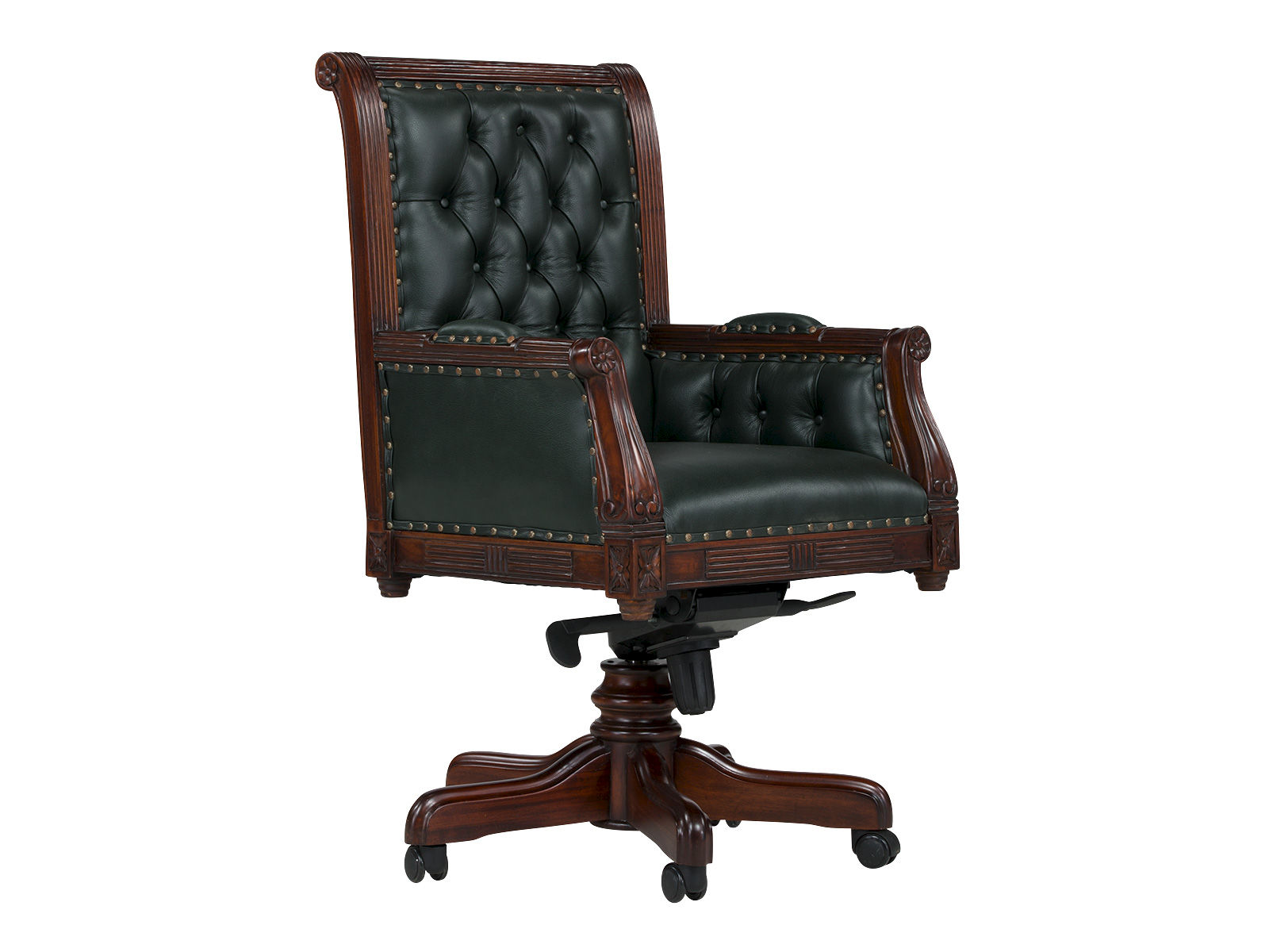 Bürosessel Cambridge Echtleder grün mit Mahagoni-Rahmen, lackiert, gepolstert mit Schaumstoff, 45°-Freisteller-Ansicht