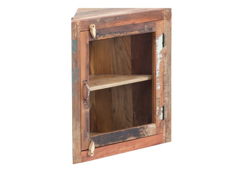 Massiver Eckhängeschrank Sumana im Mini-Bad: kompakter Holz-Badezimmerschrank, natürliche Holzoberfläche, platzsparend, modernes Ambiente