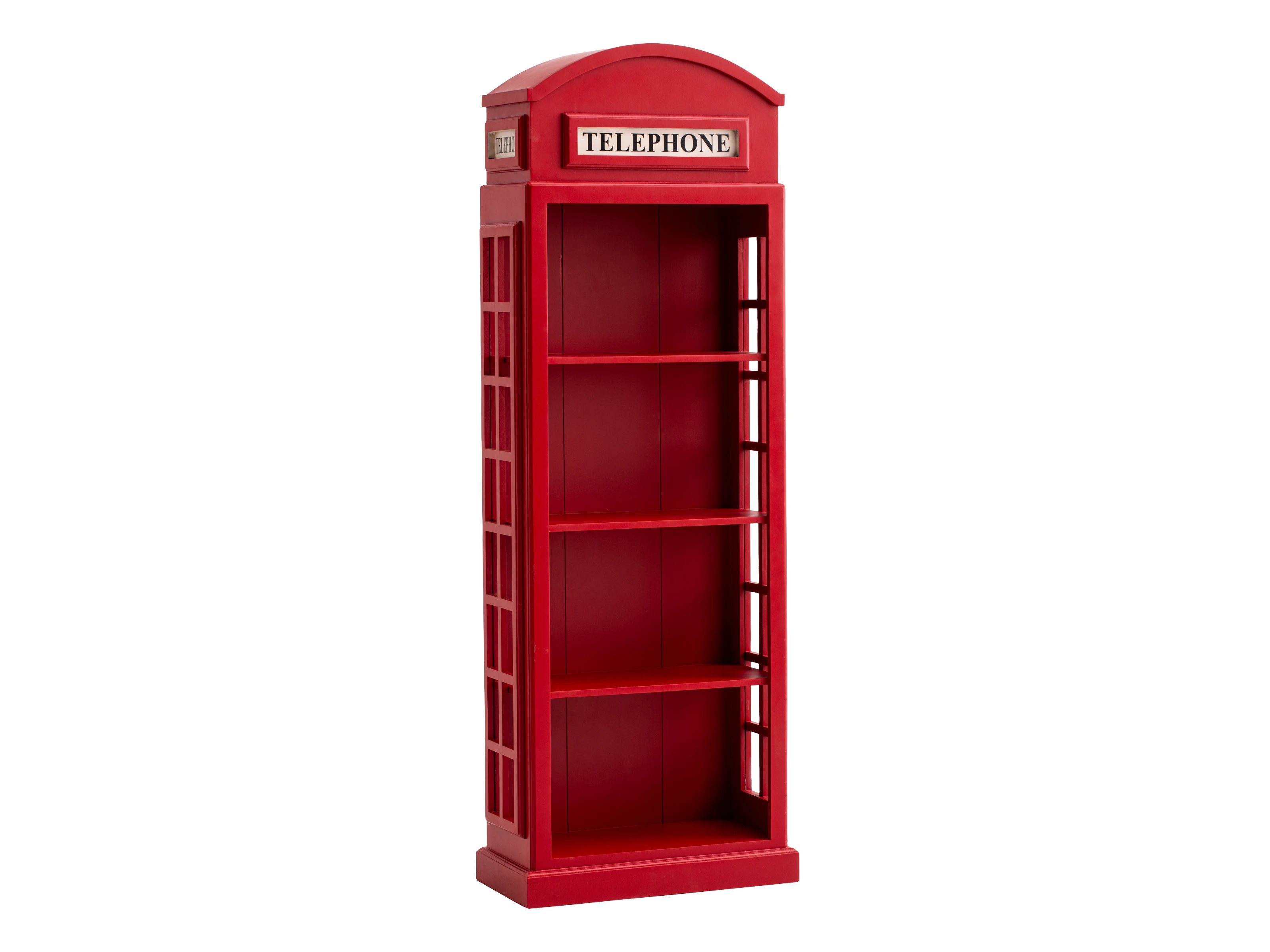 Freisteller Frontansicht: rotes Holz-Bücherregal in Form einer Telefonzelle mit vier offenen Fächern (H205×B72×T32?cm)
