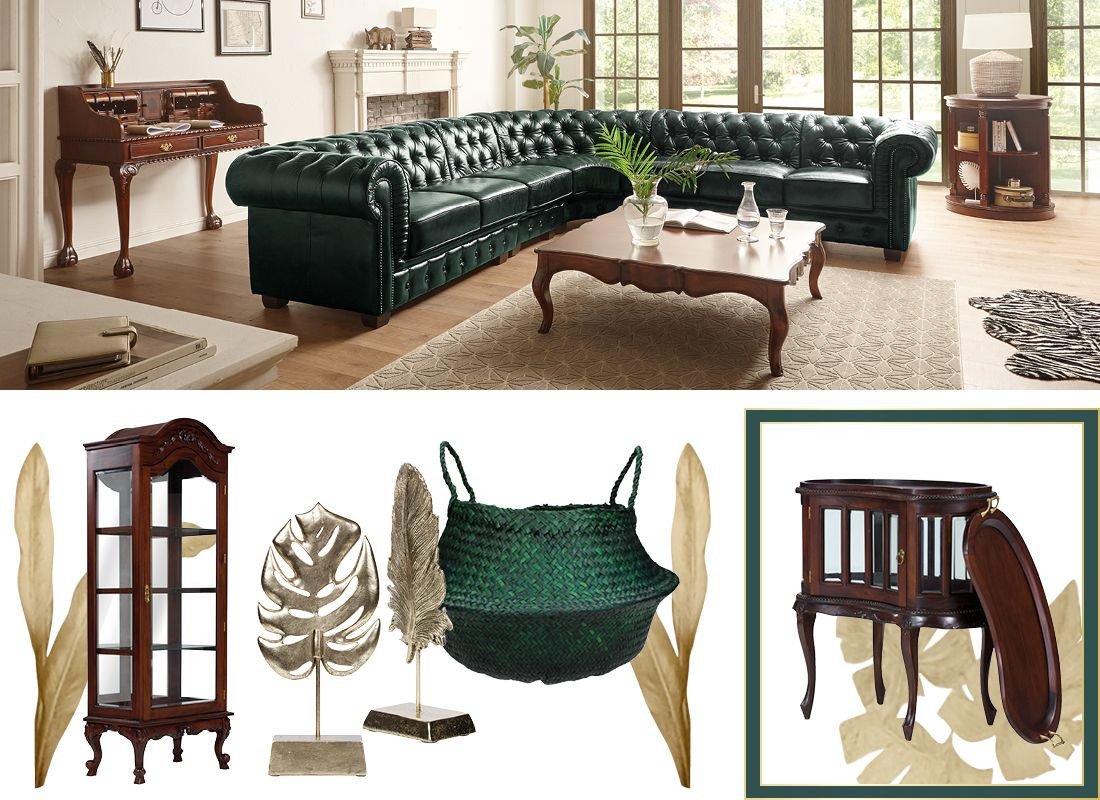 Kolonialstil-Wohnzimmer mit dunkelgrüner Wand, Holz-Sideboard, gerahmten Bildern, Zimmerpflanzen und warmen Dekor-Elementen.
