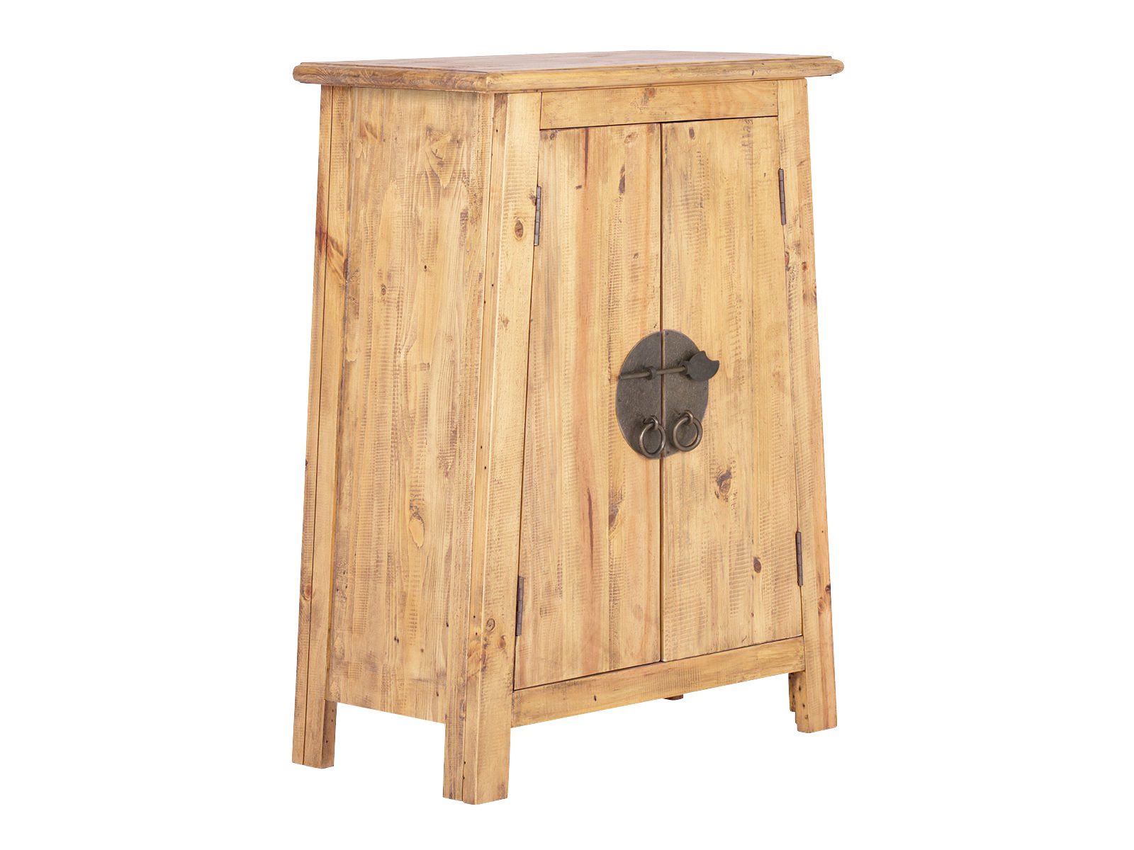 Freisteller 45°-Ansicht: Unterschrank Rangun aus recycelter Pinie, braun lackiert, 59×80×32 cm, 2 Türen mit Metallringgriffen Badmöbel Set Rangun