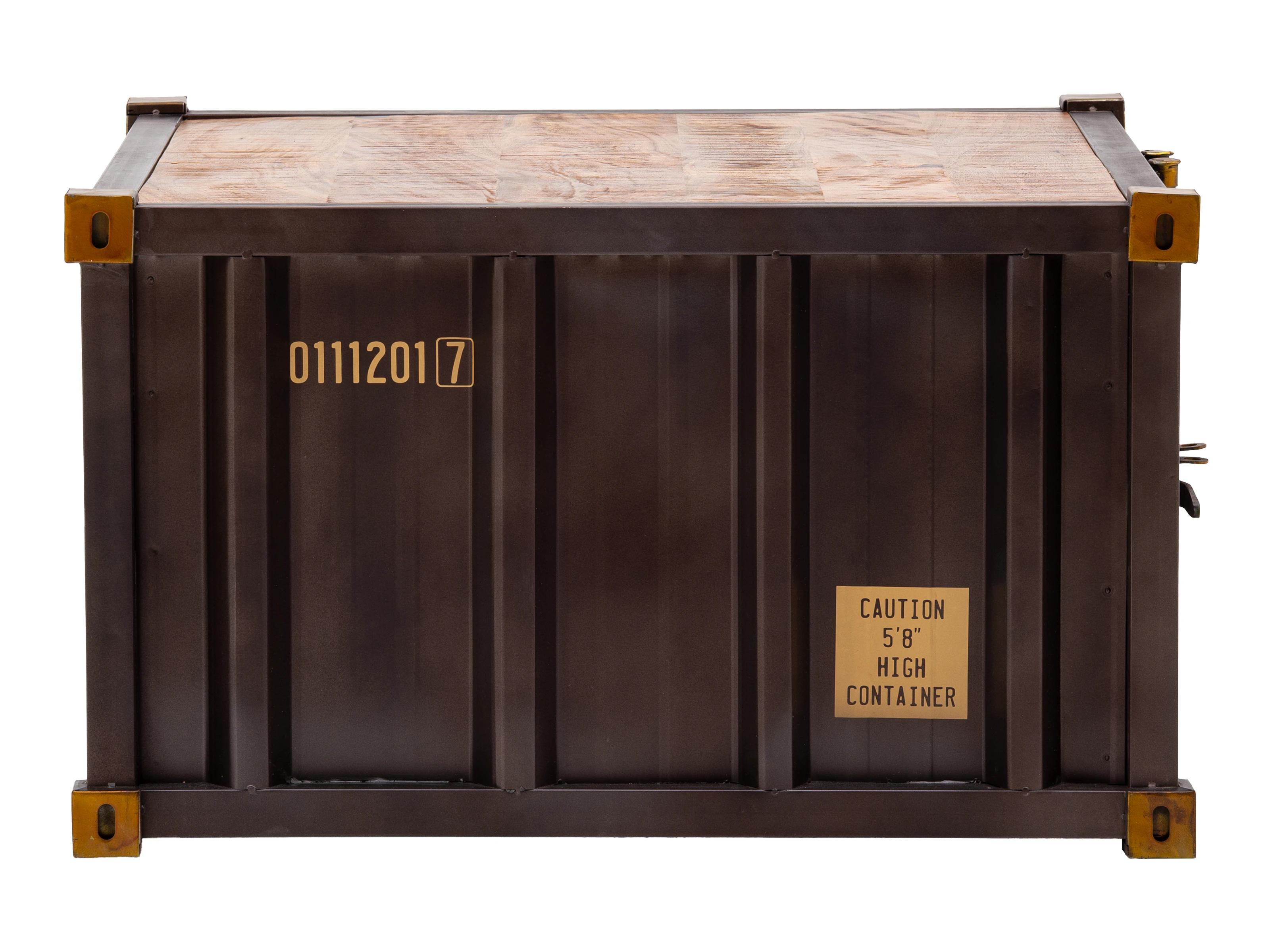 Couchtisch Cargon Frontansicht: 85×51×85?cm Tisch aus braunem Metall mit Mangoholzplatte im Container-Stil.