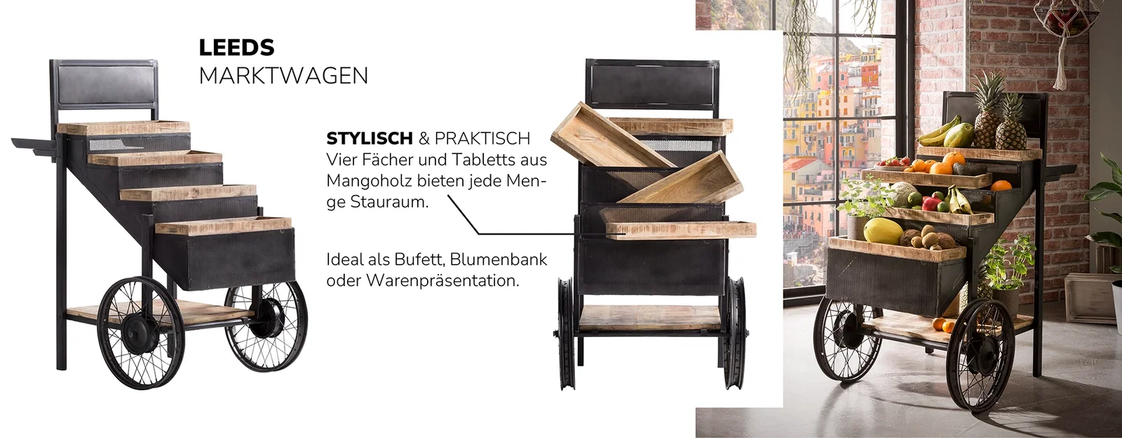 Leeds Möbel-Collage mit mehreren Ansichten eines hellen Holz-Möbelstücks – modernes, skandinavisch inspiriertes Design.
