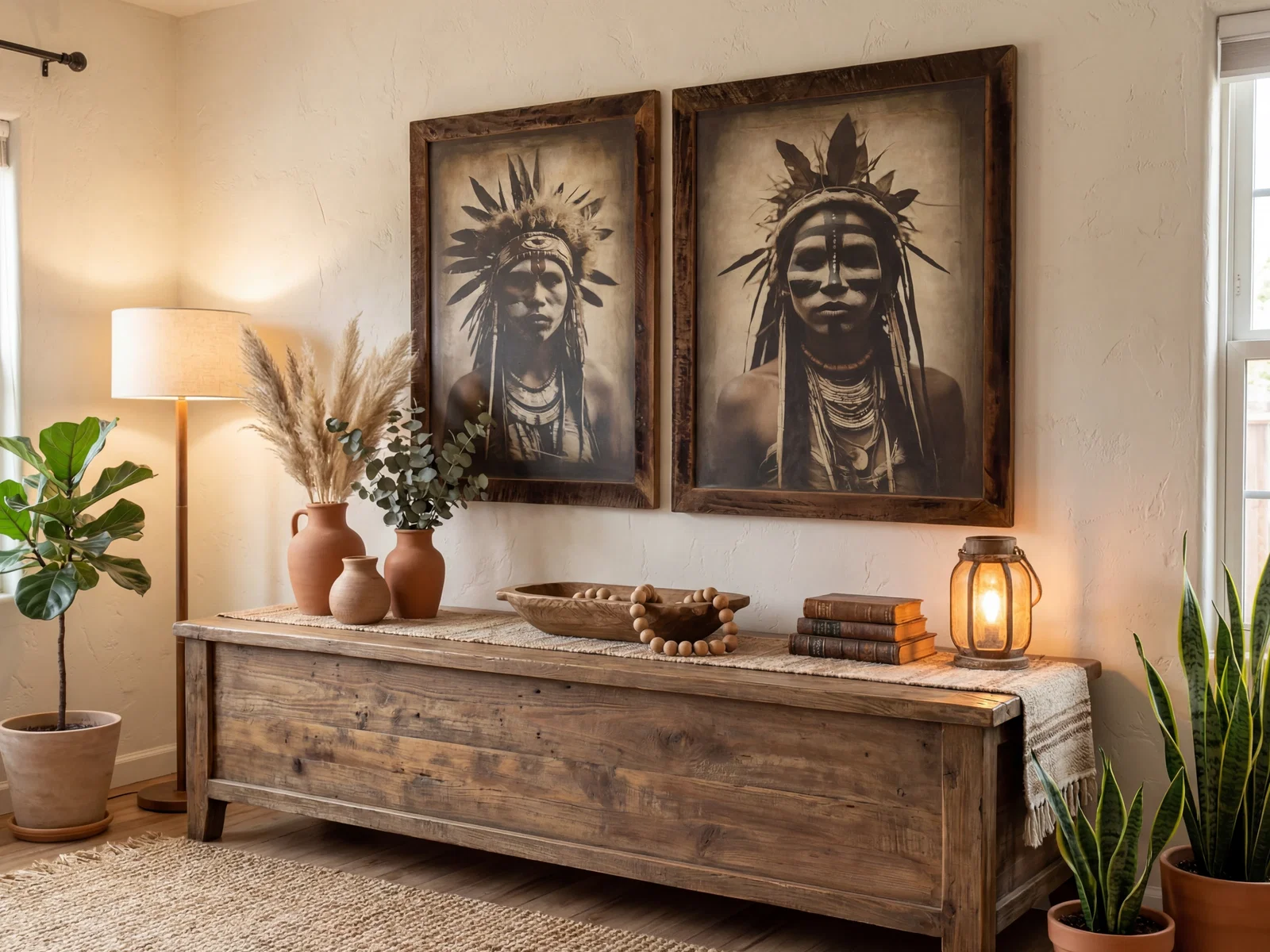 Breites Sideboard aus Holz mit natürlicher Maserung, dekorativen Gefäßen und ausdrucksstarker Wandkunst im Ethno- und Boho-Look