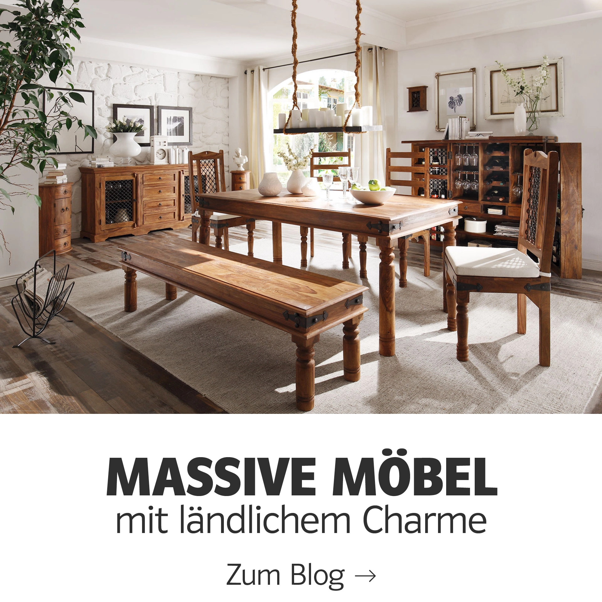 Vorschau-Grid mit Produktkacheln für massive Holzmöbel: verschiedene Holzfarben, Oberflächen und Stilrichtungen