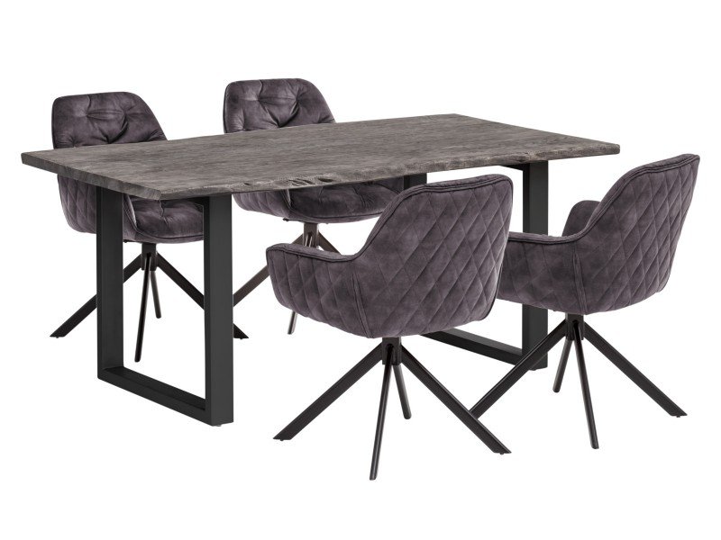 Gemütliches Esszimmer mit großem Holztisch, gemischten Stühlen, hängenden Pendelleuchten und warmen, natürlichen Materialien.