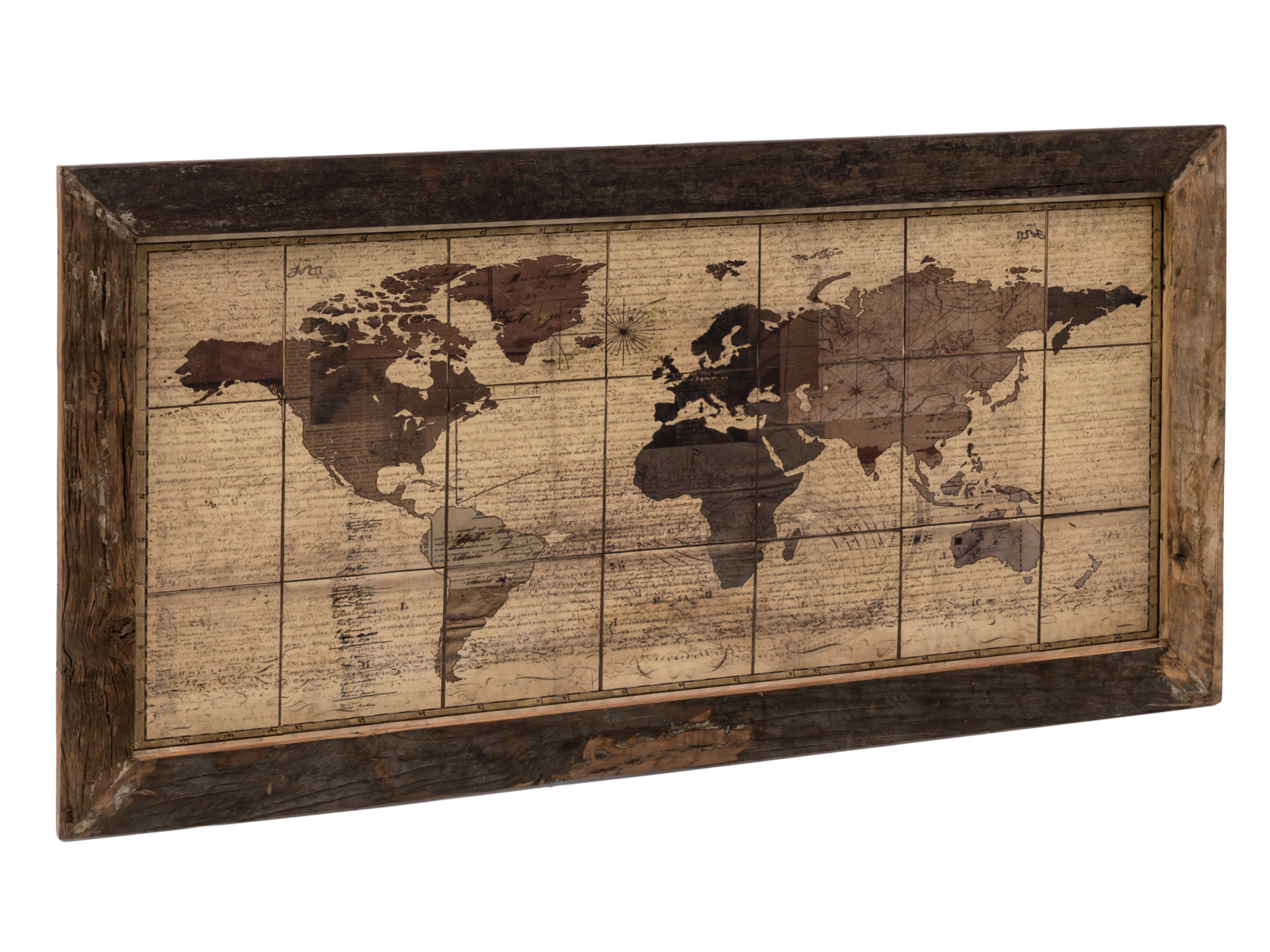 Wandbild World Map 180x90 Holz - recyceltes Hartholz 180x90x4 Schrägansicht