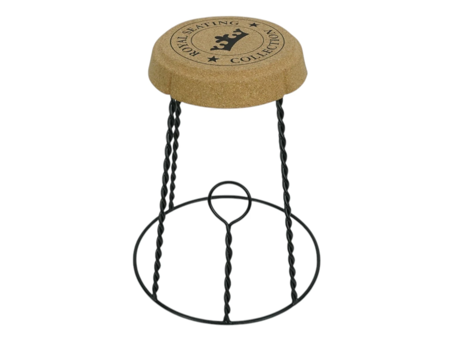 Freisteller-Frontansicht: Hocker Corkano mit rundem Korksitz (braun) auf gedrehtem Metallgestell und Ringfuß, Sitzhöhe 50 cm Freisteller-Frontansicht: Hocker Corkano mit rundem Korksitz (braun) auf gedrehtem Metallgestell und Ringfuß, Sitzhöhe 50 cm