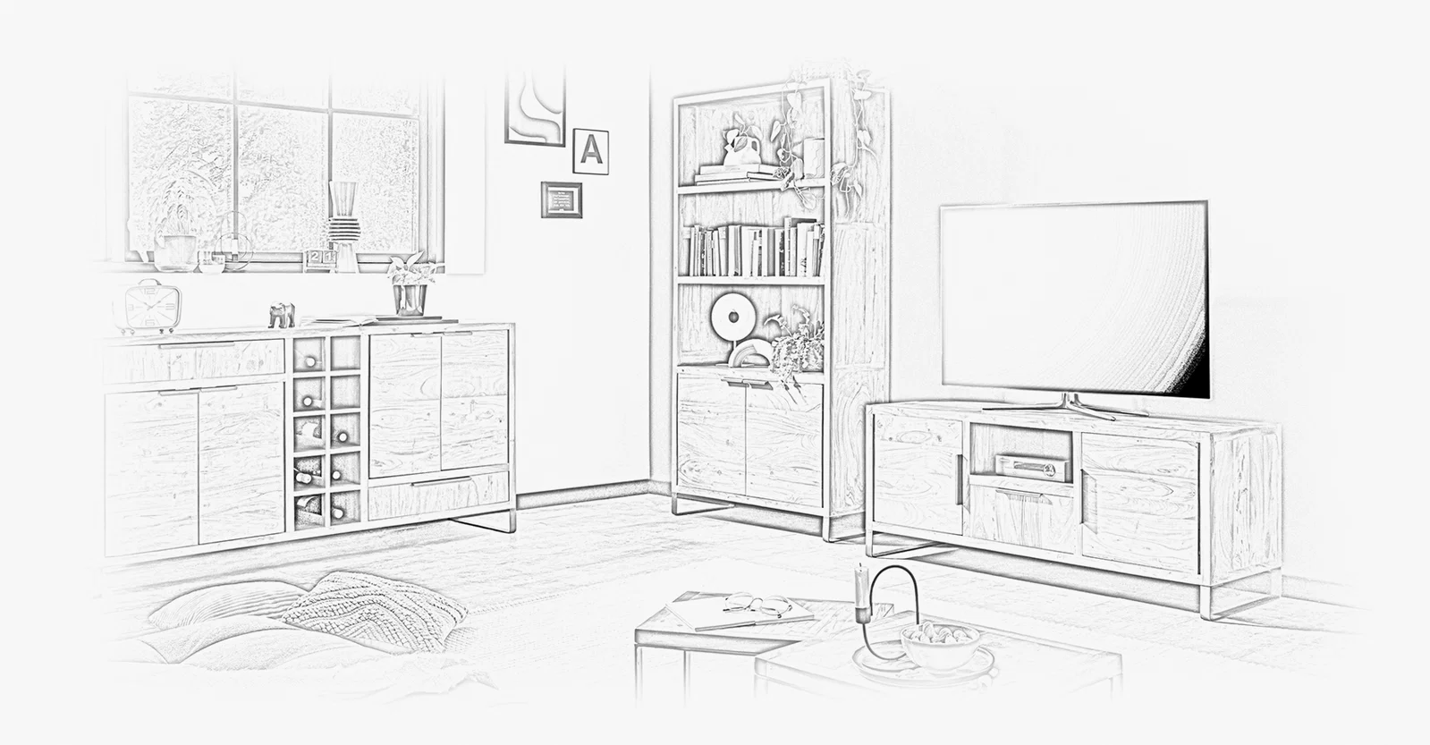 Ambienteaufnahme der Sydney-Holzkommode mit Schubladen im modernen, minimalistischen Wohnstil