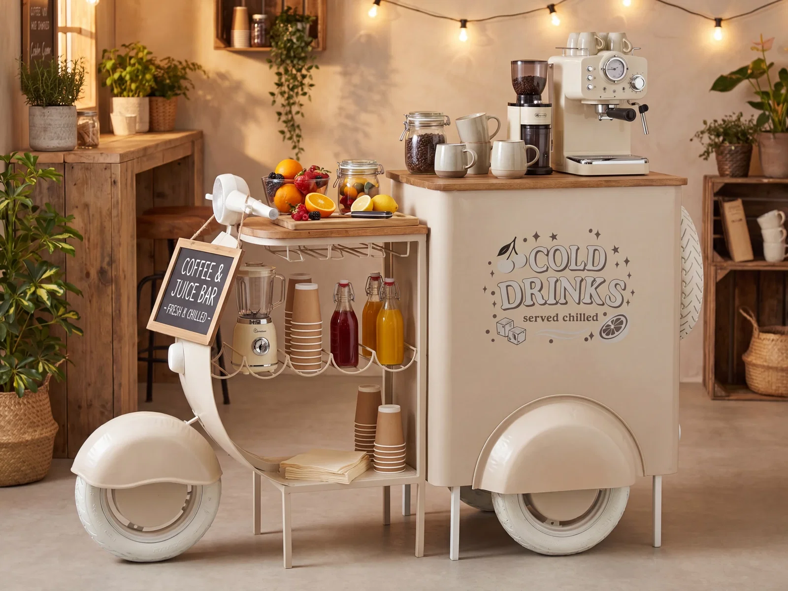 Bartresen Scooter aus Metall, lackiert in Natur, als Coffee- und Juice-Bar in 45-Grad-Ansicht mit Rädern und Ablagen präsentiert