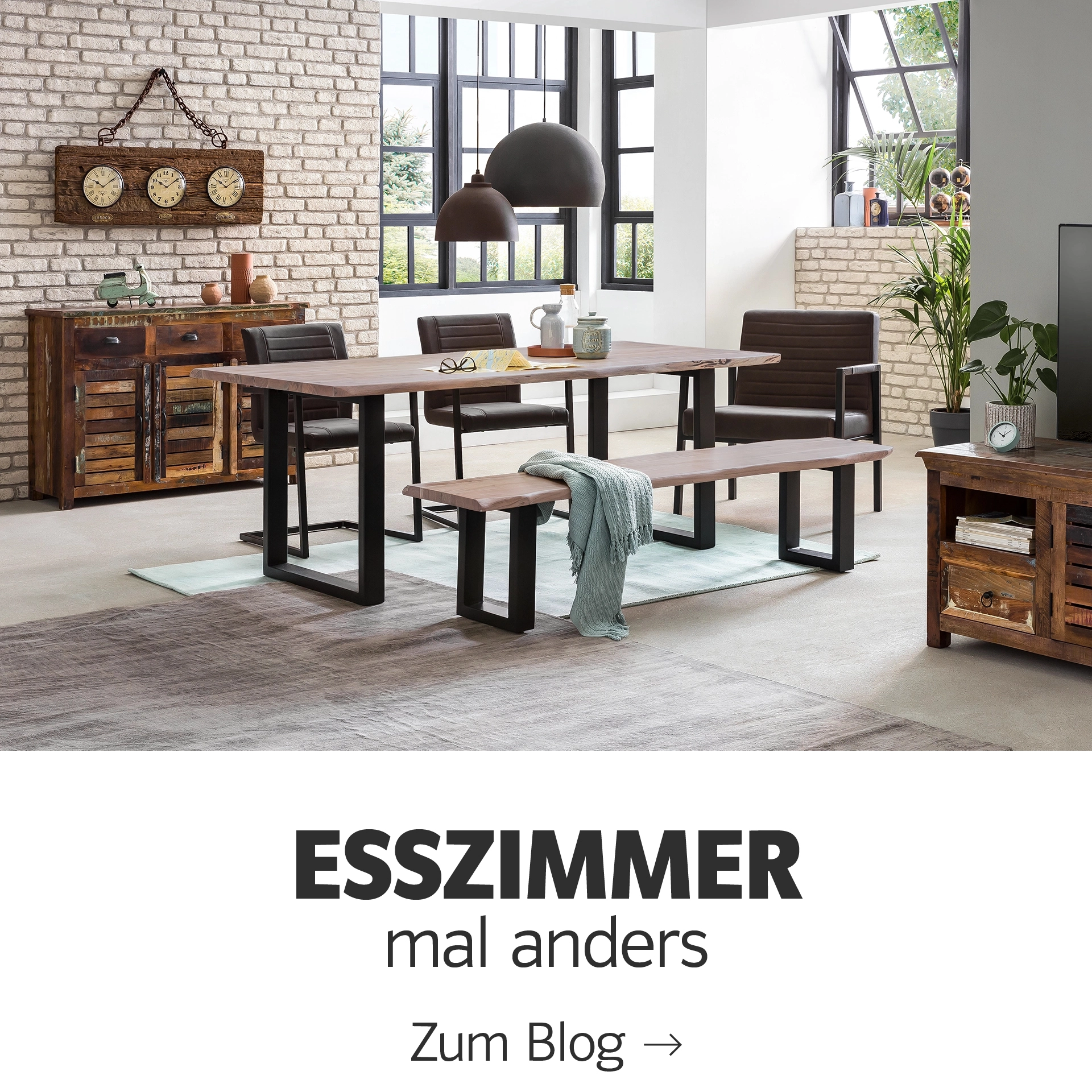 Esszimmer mit Holz-Esstisch, Stühlen, Pendelleuchte und Pflanzen – modernes, skandinavisch-inspiriertes Design