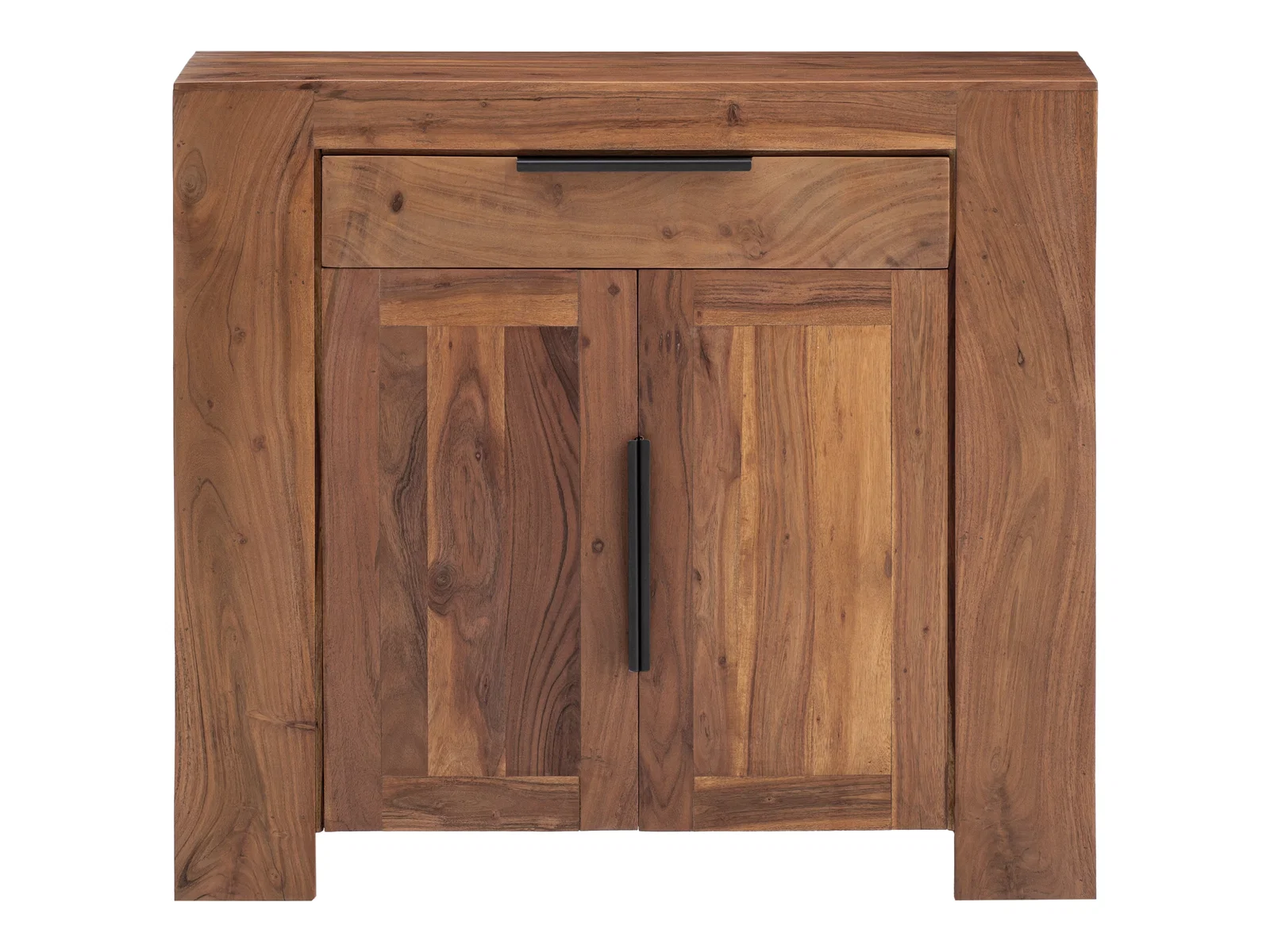 Freisteller Frontansicht der Kommode Osbon aus lackiertem Akazienholz mit 2 Türen und 1 Schublade (B100 × H90 × T45 cm)