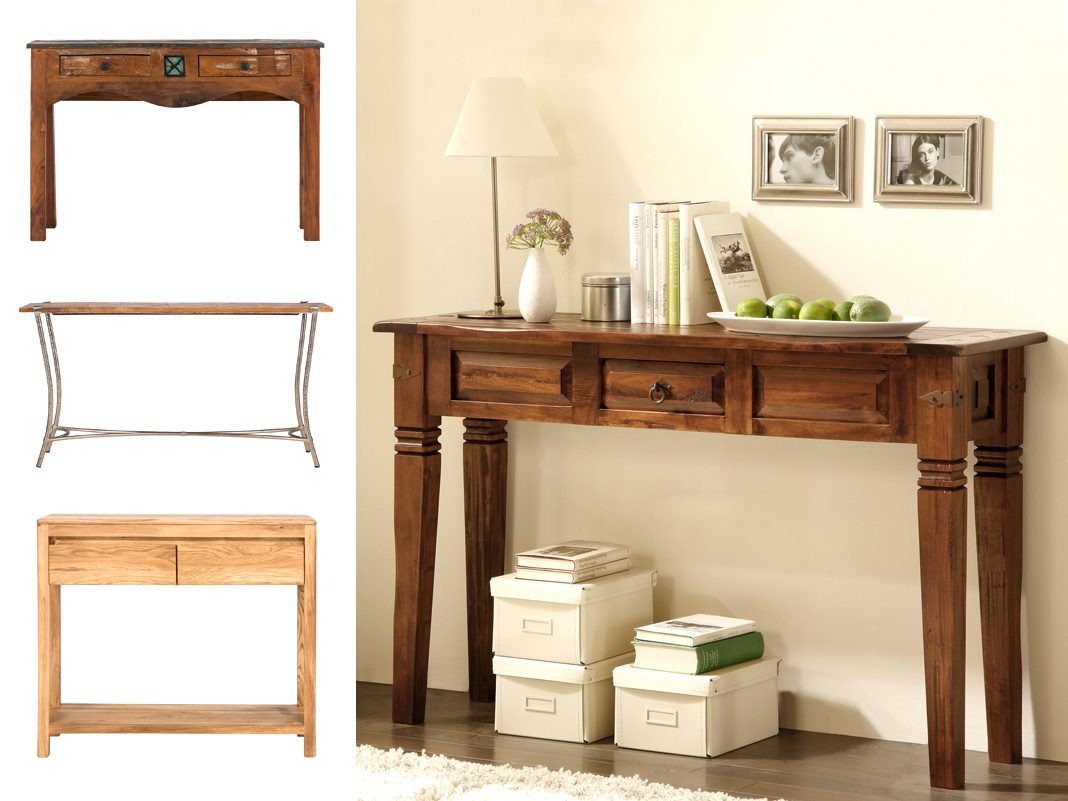 Verschiedene Tischkonsolen aus Holz nebeneinander gezeigt, moderne Flur-/Eingangs-Möbel in stilvoller Präsentation.