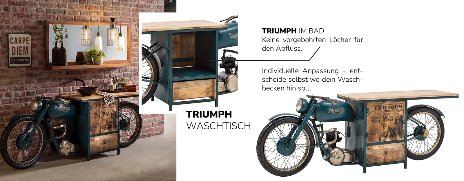 Collage des Schreibtischs "Triumph" – mehrere Ansichten, warme Holzoberfläche und modernes, minimalistisches Design fürs Büro