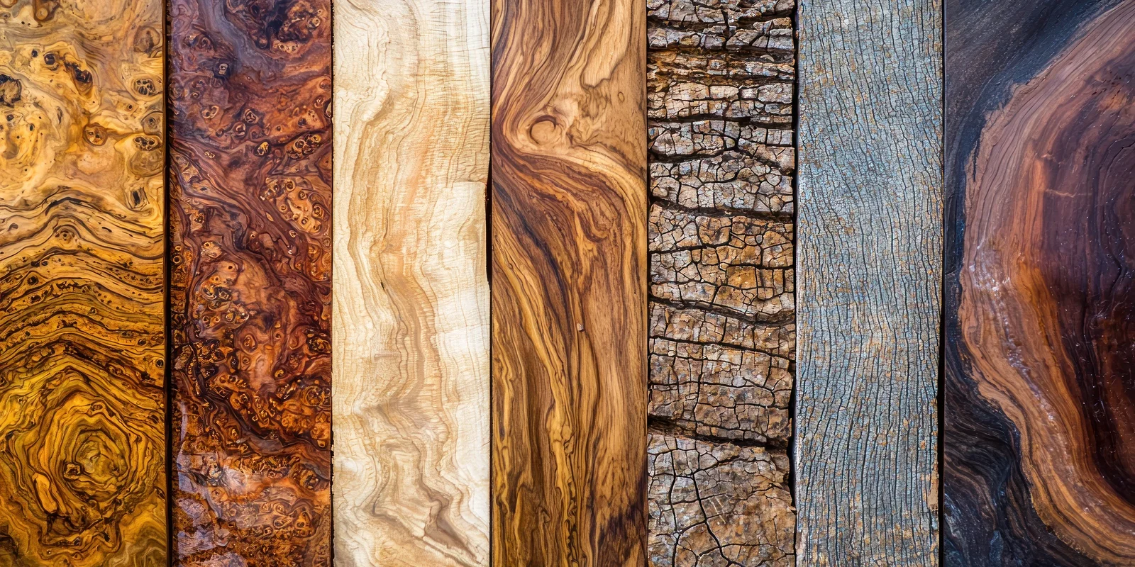 Holzproben nebeneinander mit unterschiedlichen Maserungen und Farbtönen von hell bis dunkel, geölte Oberfläche