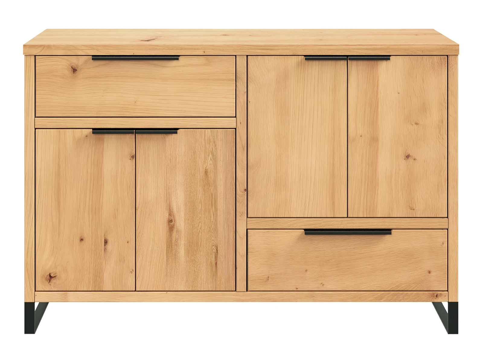 Frontansicht Freisteller: Sideboard Sydney (126×84×41 cm) aus geölter Wildeiche, 4 Türen & 2 Schubladen, braun.