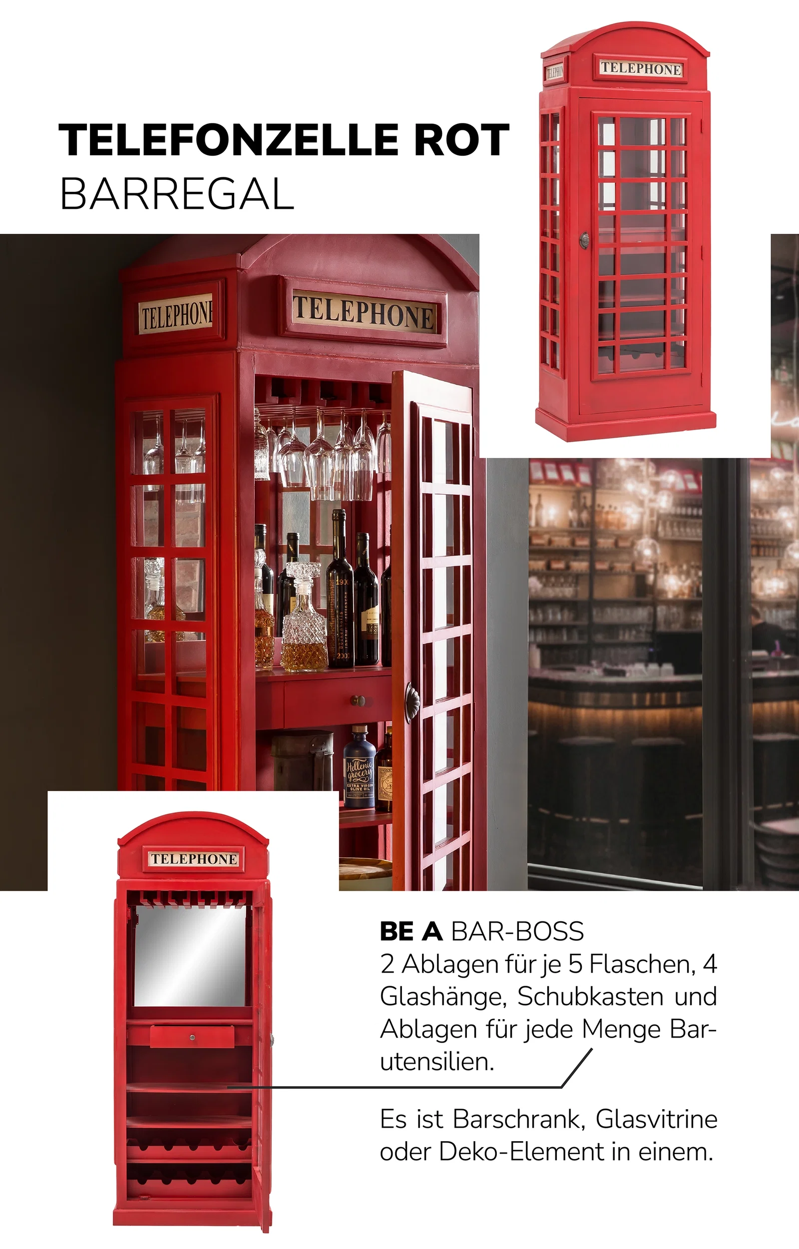 Collage mit klassischer roter Telefonzelle vor urbaner Backstein-Kulisse im Vintage-Stil, kräftige Rot- und Grautöne