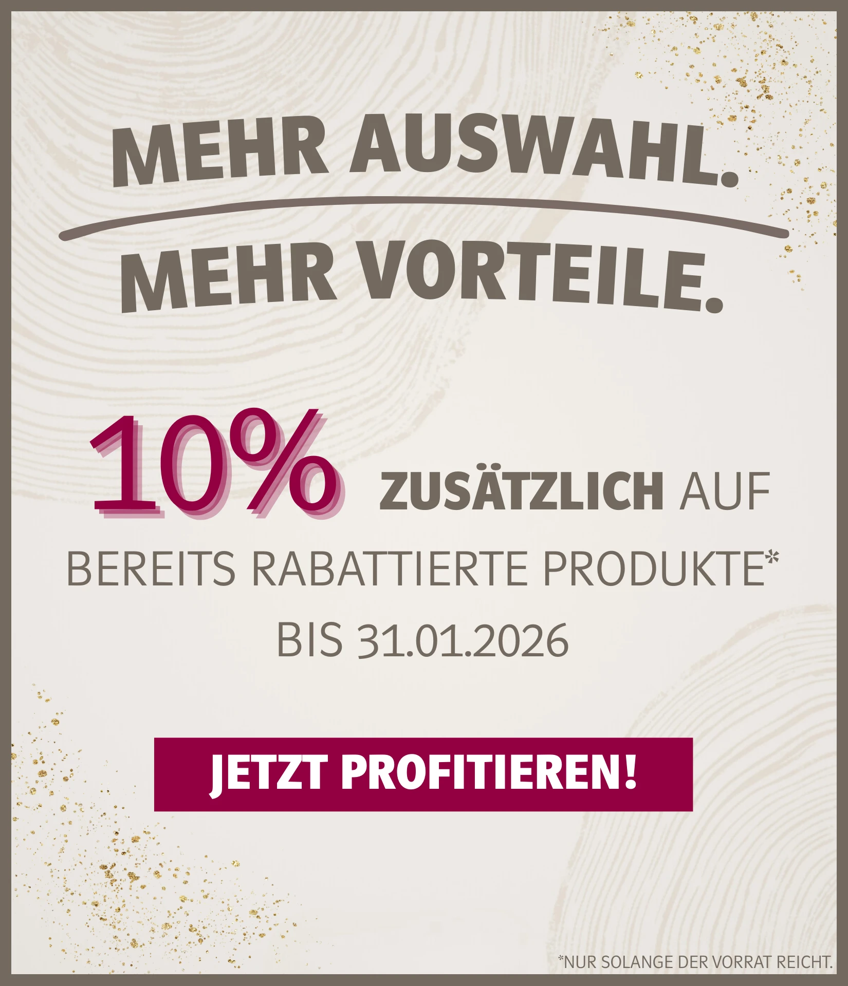 Kontraststarker Störer: 10%-Sale auf Möbel – auffälliger Desktop-Banner, klare Typo, Fokus auf Rabatt.
