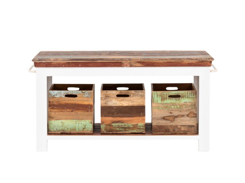 TV-Bank 'Perth' als Waschtisch: warme Holzoberfläche, weiße Aufsatzwanne, offene Fächer, modernes, helles Badezimmer-Ambiente