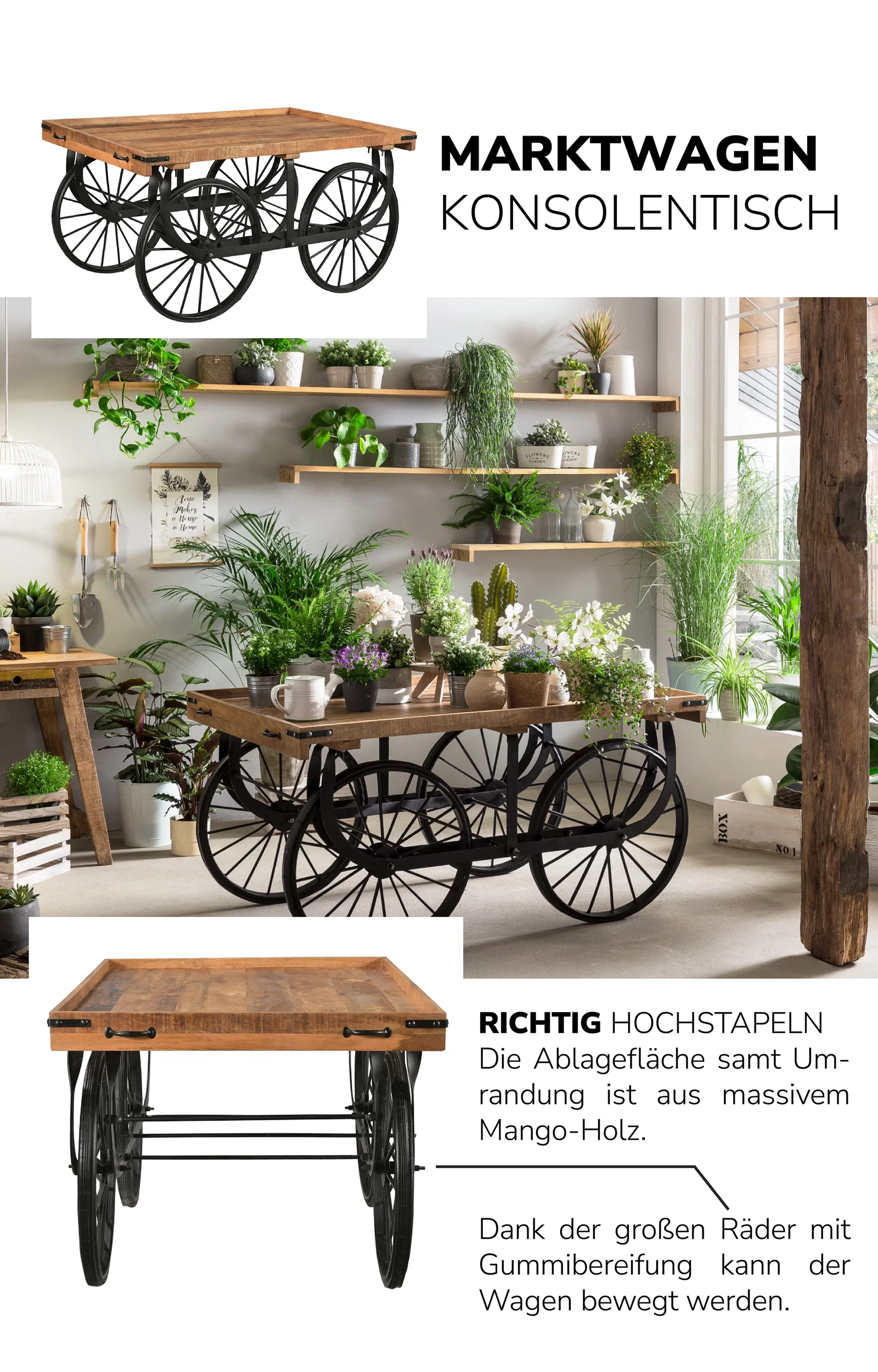Collage: rustikaler Holz-Marktwagen mit Stoffverdeck, Regalböden und Rädern, vintage Marktstand in warmen Braun- und Naturtönen