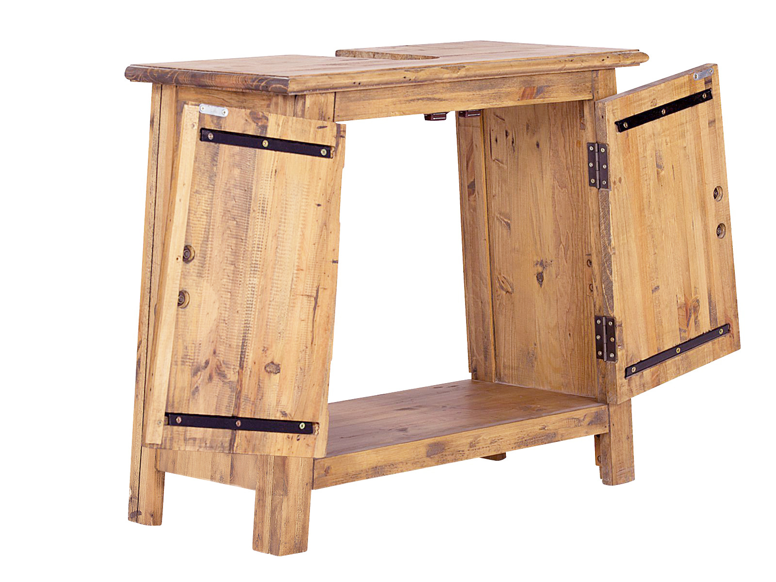 Freisteller 45°-Frontansicht geöffnet: Waschbeckenunterschrank Rangun aus recycelter Pinie, braun lackiert, 70×61×32 cm, 2 Türen. Badmöbel Set Rangun